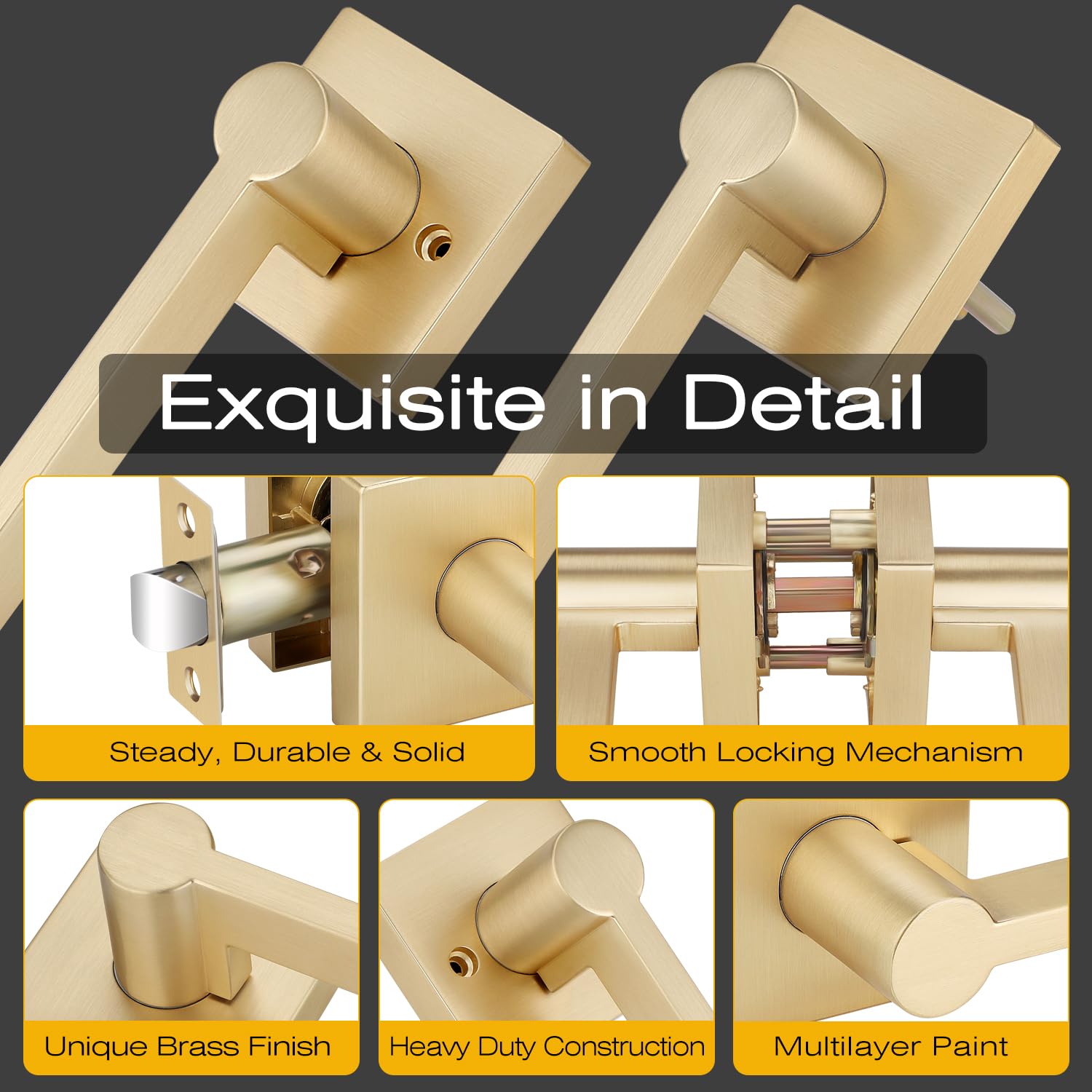 EHOMEWARE 6-Pack Satin Brass Door Handles - Gold Finish Interior Door Knobs, Heavy Duty Keyless Passage Levers for Hallway Closet & Bedroom Doors - Modern Hardware for Home & Office Upgrade