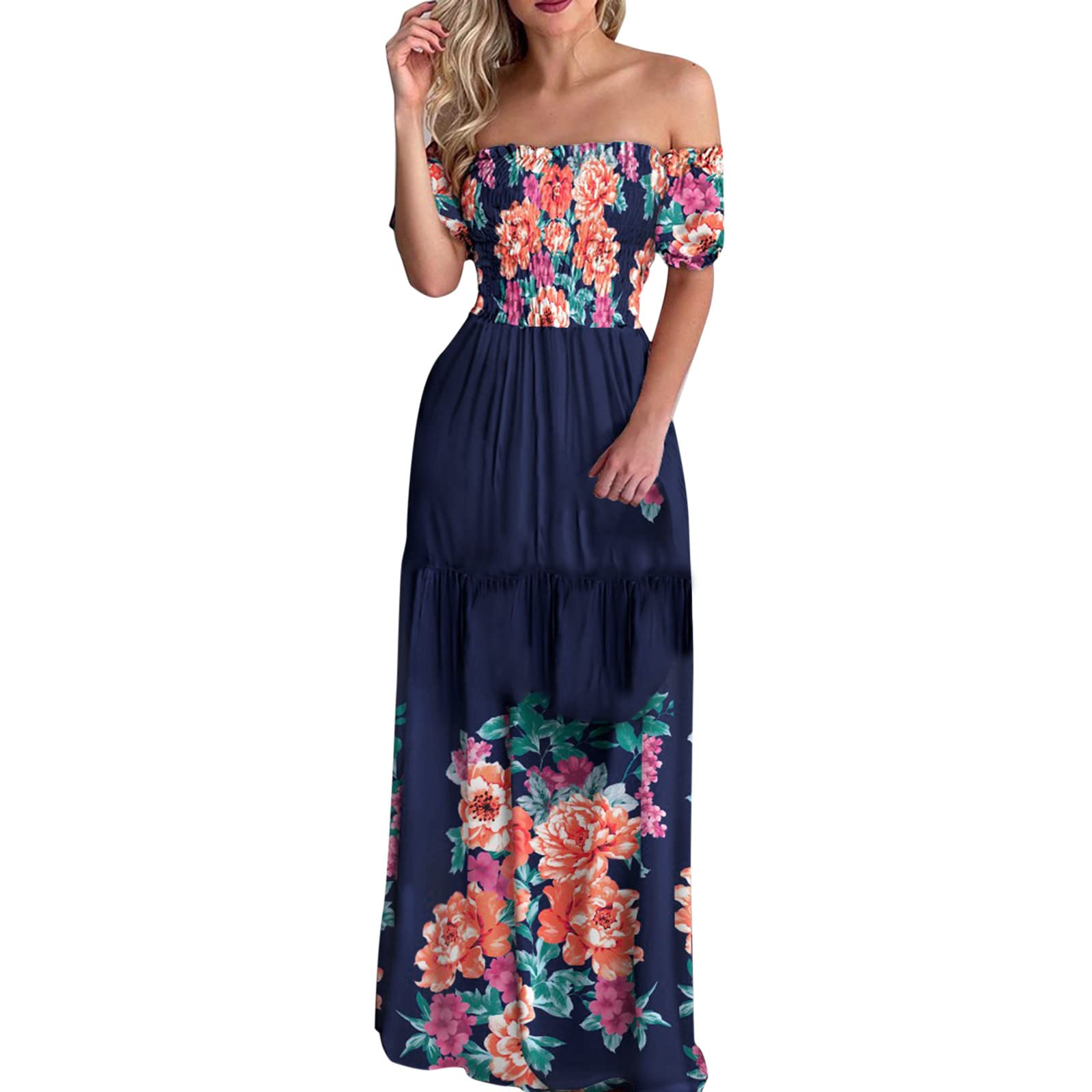 Women's Summer Dresses with Pockets - Formal & Casual Short Sleeve Off Shoulder Tropical Print Ruffles Maxi Dress - Stretchy Slim Fit for Vacation, Beach, Party & Daily Wear
