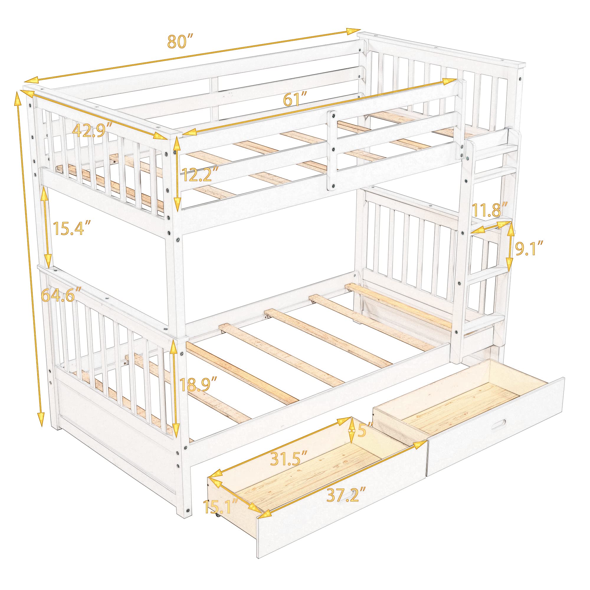 P PURLOVE Twin Over Twin Bunk Bed with 2 Storage Drawers, Solid Wood Bunk Bed Frame with Ladder, Convertible to 2 Separate Twin Beds for Teens, Kids, Boys & Girls - No Box Spring Needed (Gray) | Space-Saving Solution for Small Bedrooms, Dorm Rooms & Shared Kids' Rooms