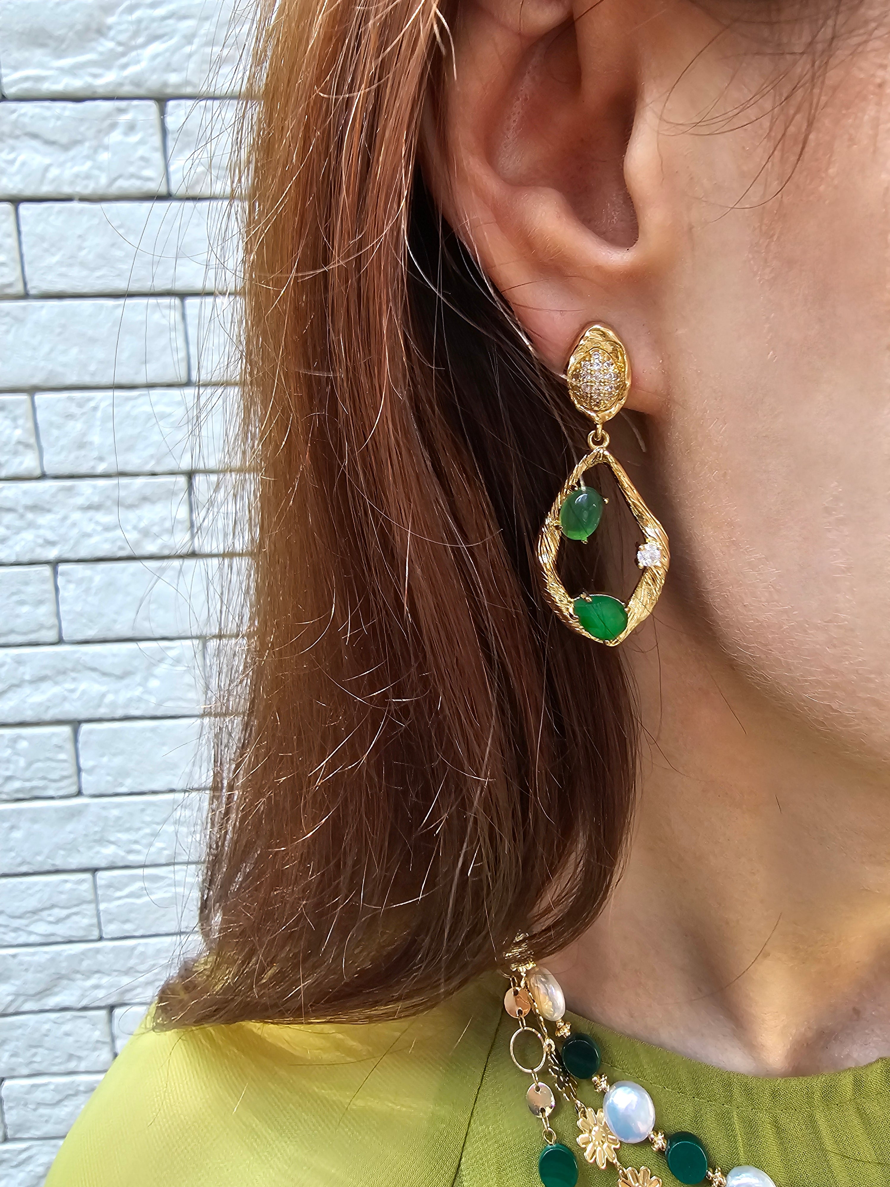Green Agate Statement Dangle Earrings for Women - Elegant Bohemian Jewelry for Party, Wedding & Everyday Wear (PE045)