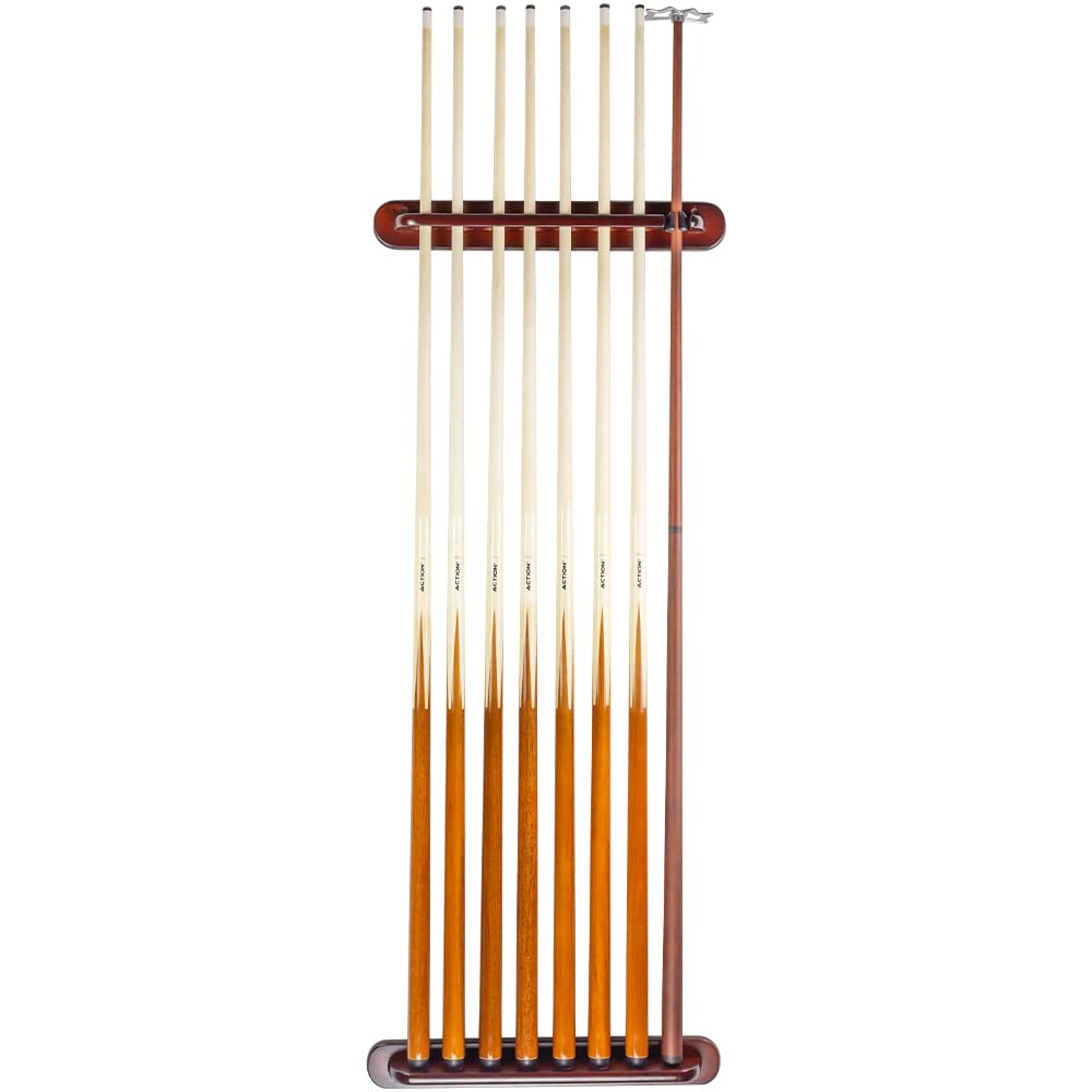 7-Piece Stained Wood Pool Cue Wall Rack with Secure Clip - Perfect for Billiards Room, Game Room, or Man Cave Decor