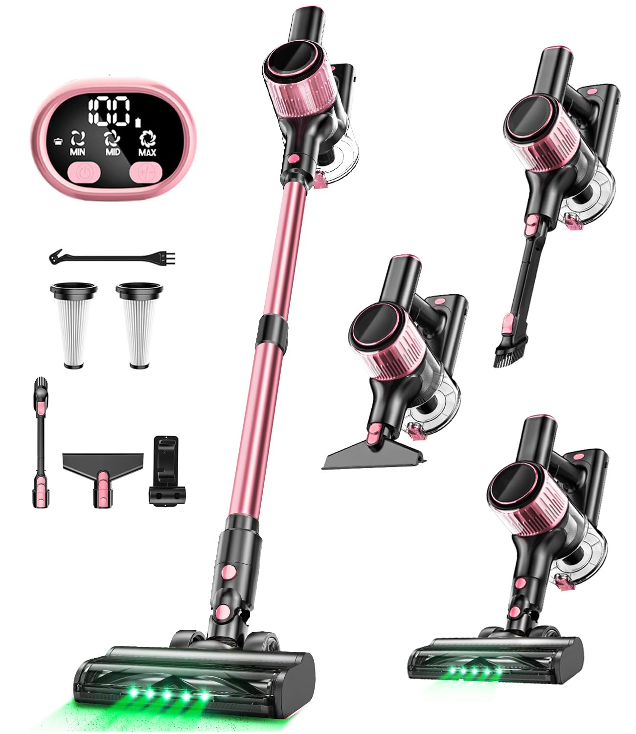 8-in-1 Cordless Vacuum Cleaner with Powerful Suction - Lightweight Stick Vacuum for Hard Floors & Carpets | LED Display, 3 Suction Modes, 45Min Detachable Battery | Perfect for Pet Hair, Home Cleaning & Quick Pickups (Pink)