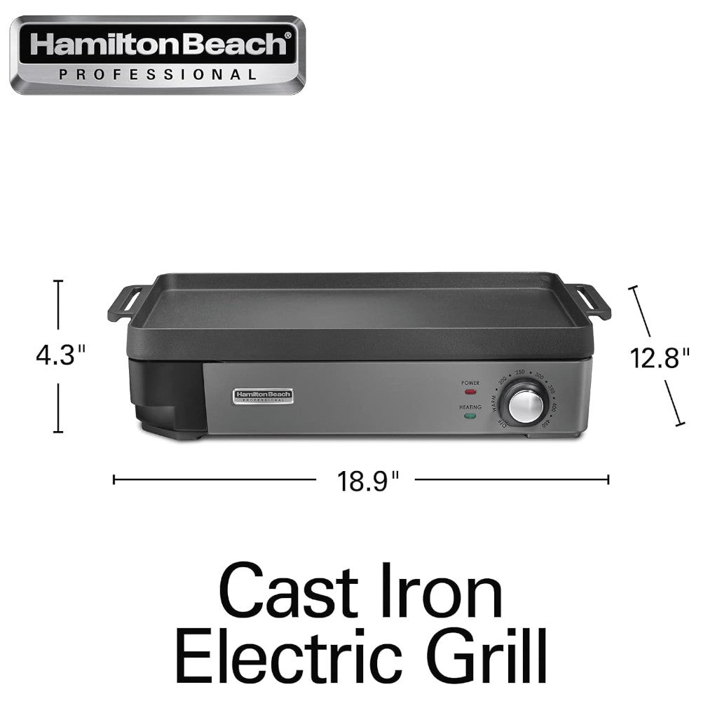 Refurbished Hamilton Beach Professional 38560 Indoor Electric Grill & Griddle - Certified Home Essentials Warranty | Perfect for Small Kitchens, Dorm Rooms & Quick Meals