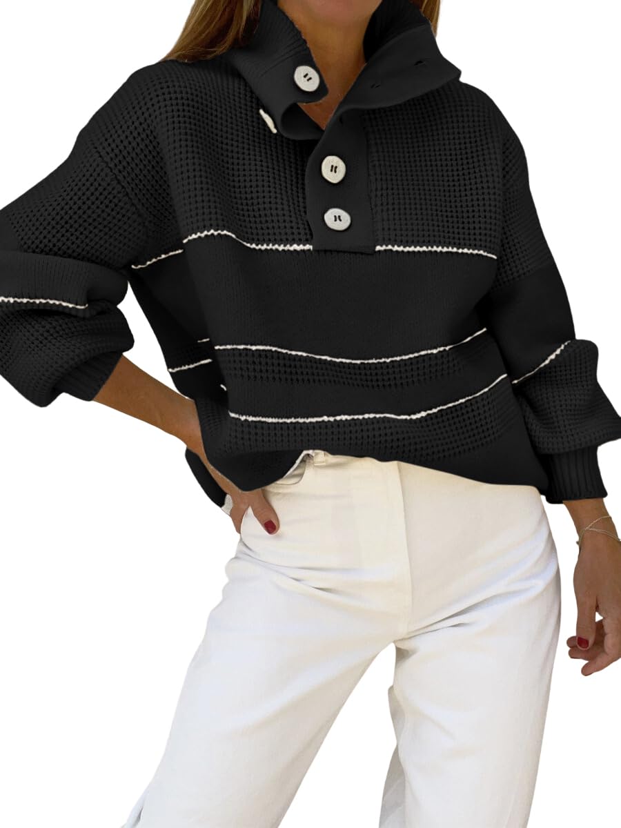 Women's Slouchy Waffle Knit Sweater - Half Button Polo Collar Pullover Striped Top | Casual Fall & Winter Fashion | Perfect for Office, Dating & Weekend Outfits