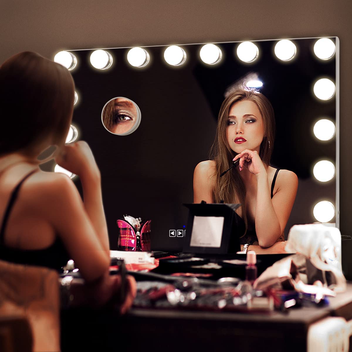 COOLJEEN Hollywood Vanity Mirror with Lights - 18 Dimmable LED Bulbs, Bluetooth Speaker & USB Charging Port - 3 Color Modes for Makeup, Skincare & Dressing Room Lighting