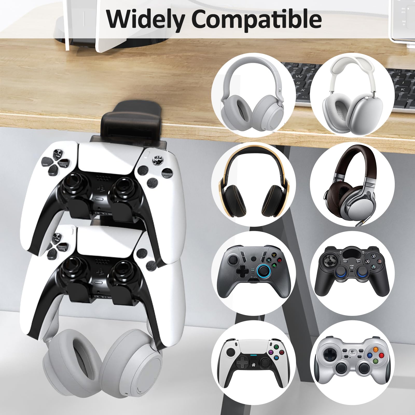 Yiomxhi 2 in 1 Gaming Headset and Controller Holder - 360° Rotating Desk Stand with Cable Management for PS5, Xbox, PC Accessories (Black) - Perfect for Gaming Setup, Office Organization & Streamer Workstations