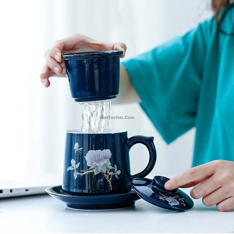 Premium Chinese Blue Floral Ceramic Tea Cup with Removable Infuser - Perfect for Office, Home, or Gift Giving