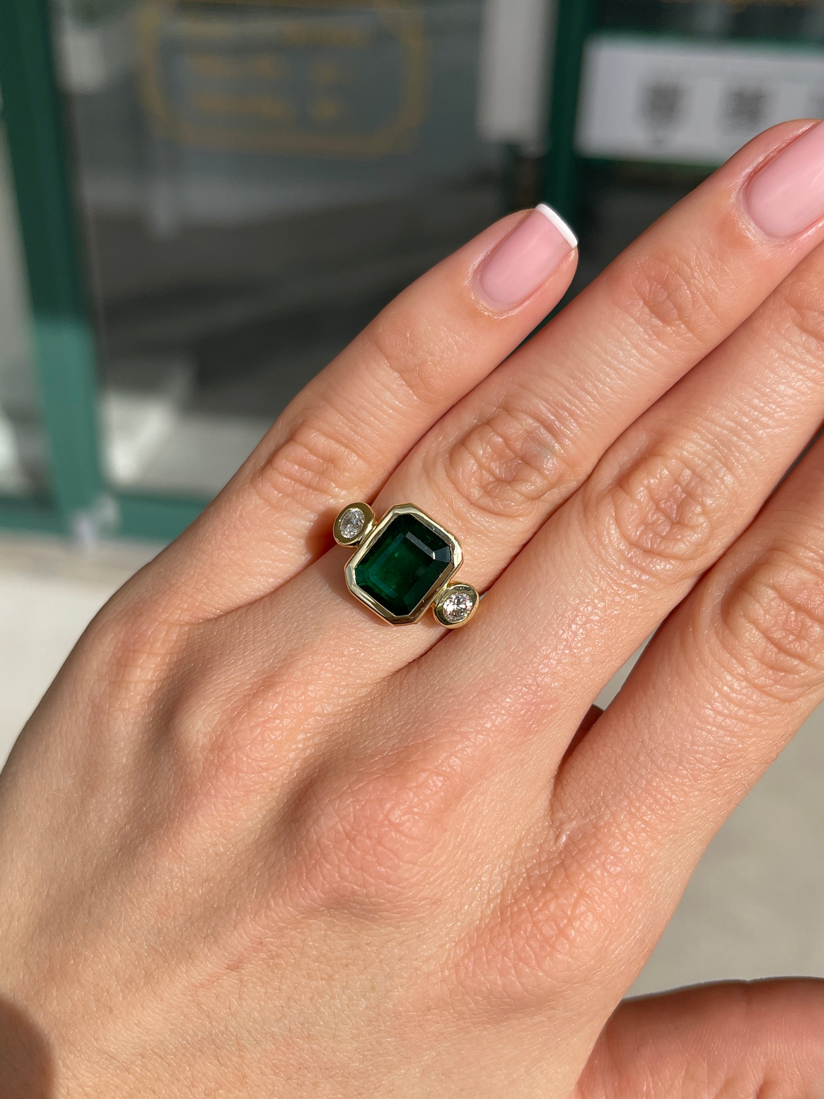4.58tcw Natural Dark Emerald & Round Diamond Three Stone Ring in 18K Gold - Elegant Engagement, Anniversary or Gift Jewelry for Women
