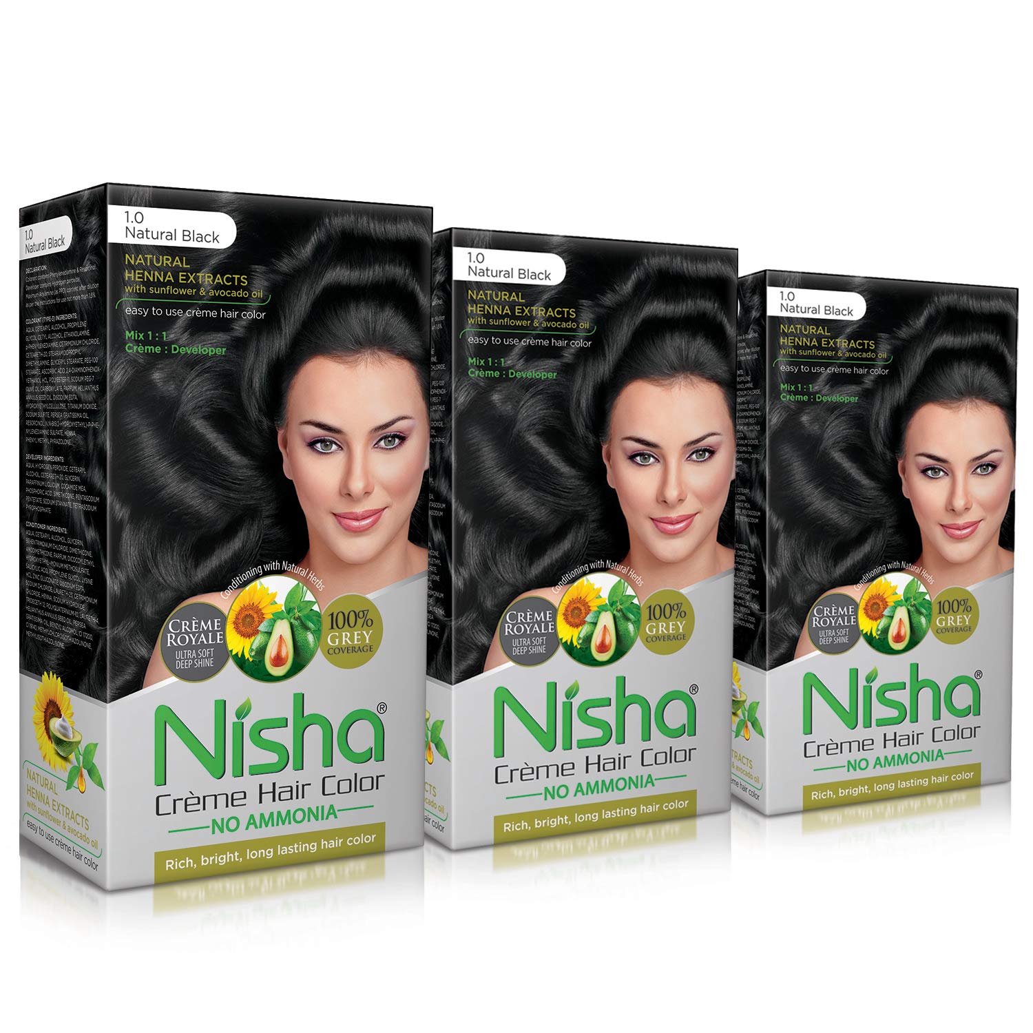 Nisha Creme Hair Color 1.0 Natural Black - Permanent Ammonia-Free Hair Dye for Women & Men - Ultra Soft Formula with Deep Shine & 100% Gray Coverage (120g x 3 Pack) - Perfect for At-Home Hair Coloring & Salon-Quality Results
