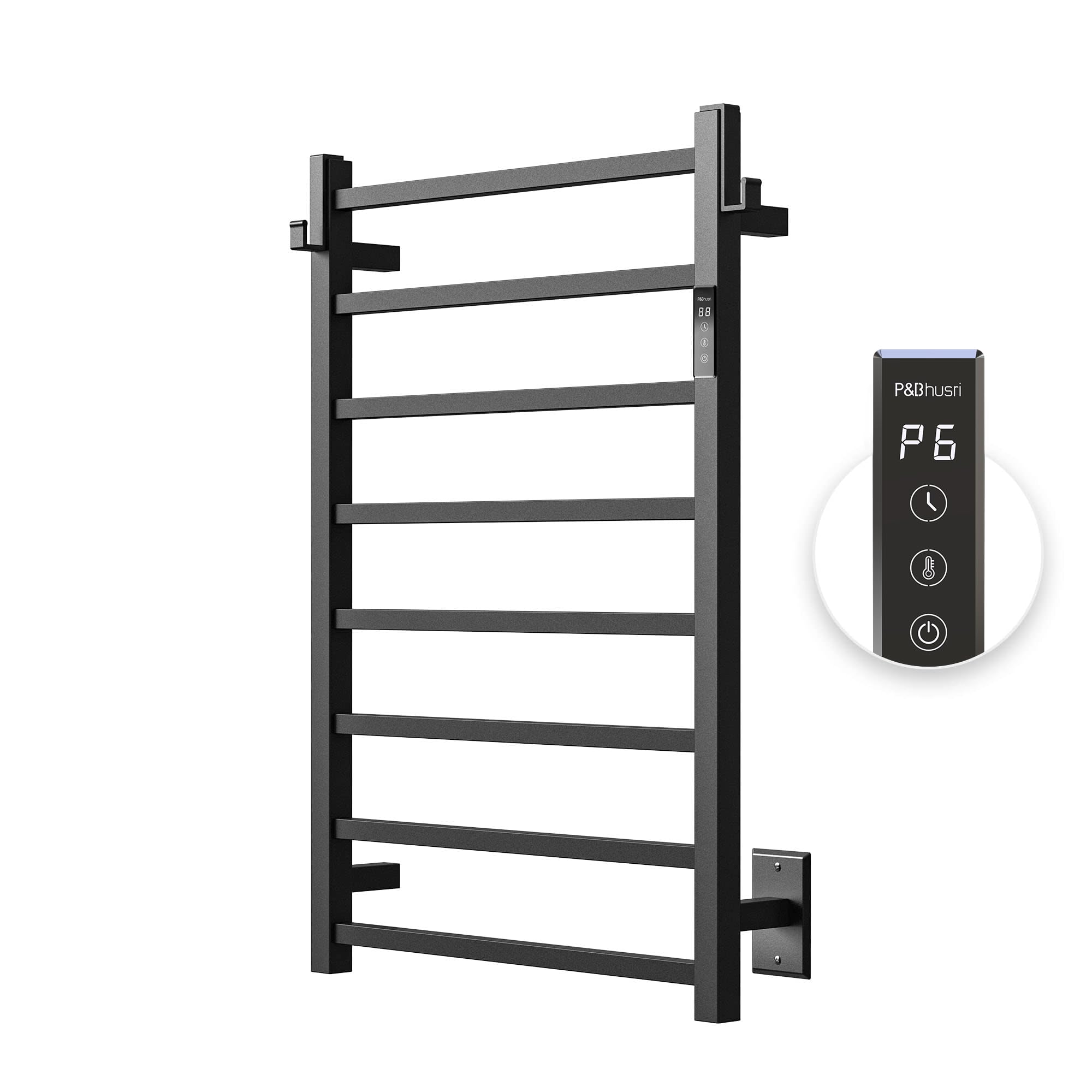 P&Bhusri 8-Bar Heated Towel Rack - Stainless Steel Matte Black Wall Mounted Electric Towel Warmer with Timer for Bathroom | Plug-in or Hard-Wired | Perfect for Spa, Luxury Hotels & Cozy Home Bathrooms