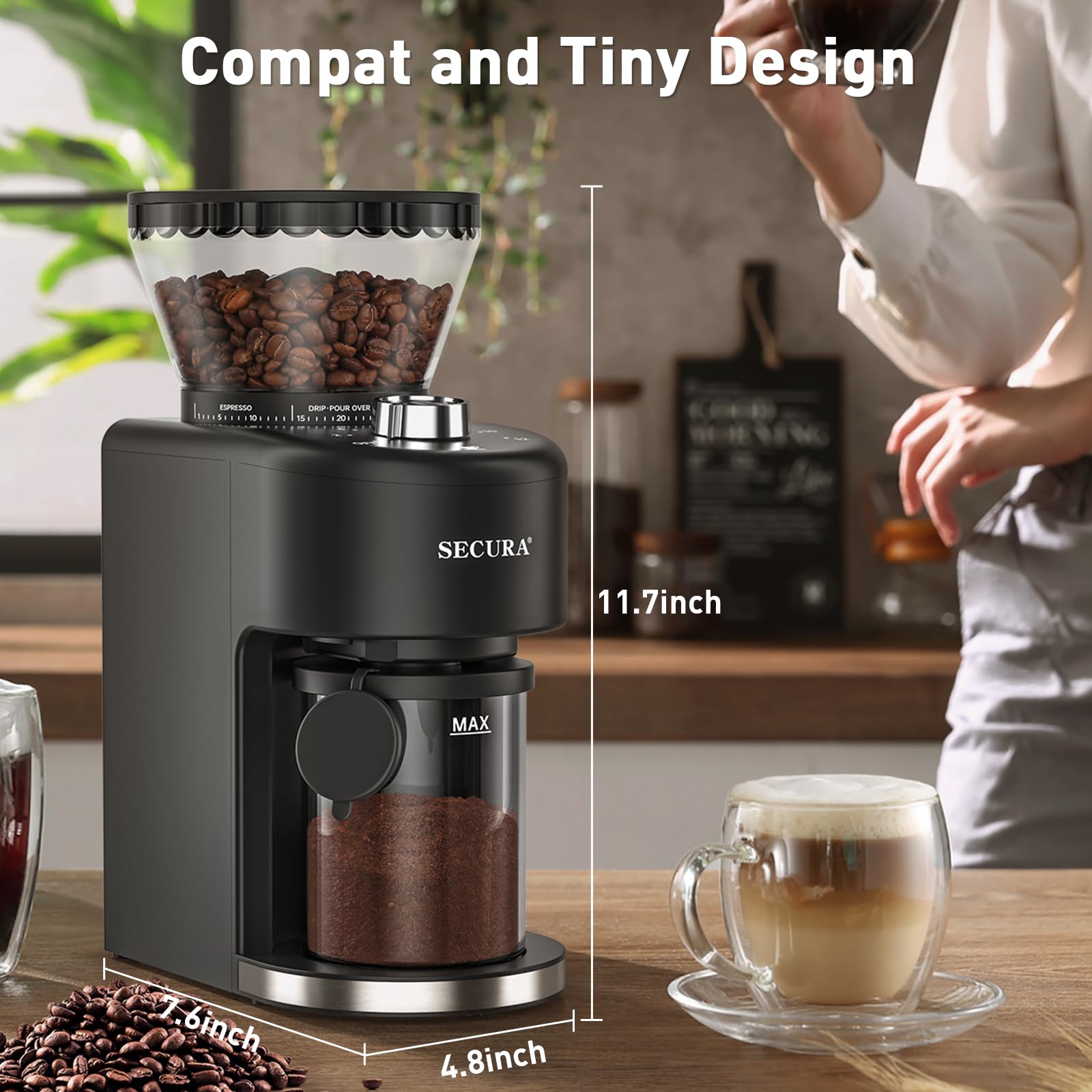 Secura Stainless Steel Conical Burr Coffee Grinder - 35 Precise Grind Settings for Espresso to French Press, 2-12 Cup Capacity with 8.8oz Bean Hopper, One-Touch Electric Operation - Perfect for Home Baristas & Coffee Enthusiasts