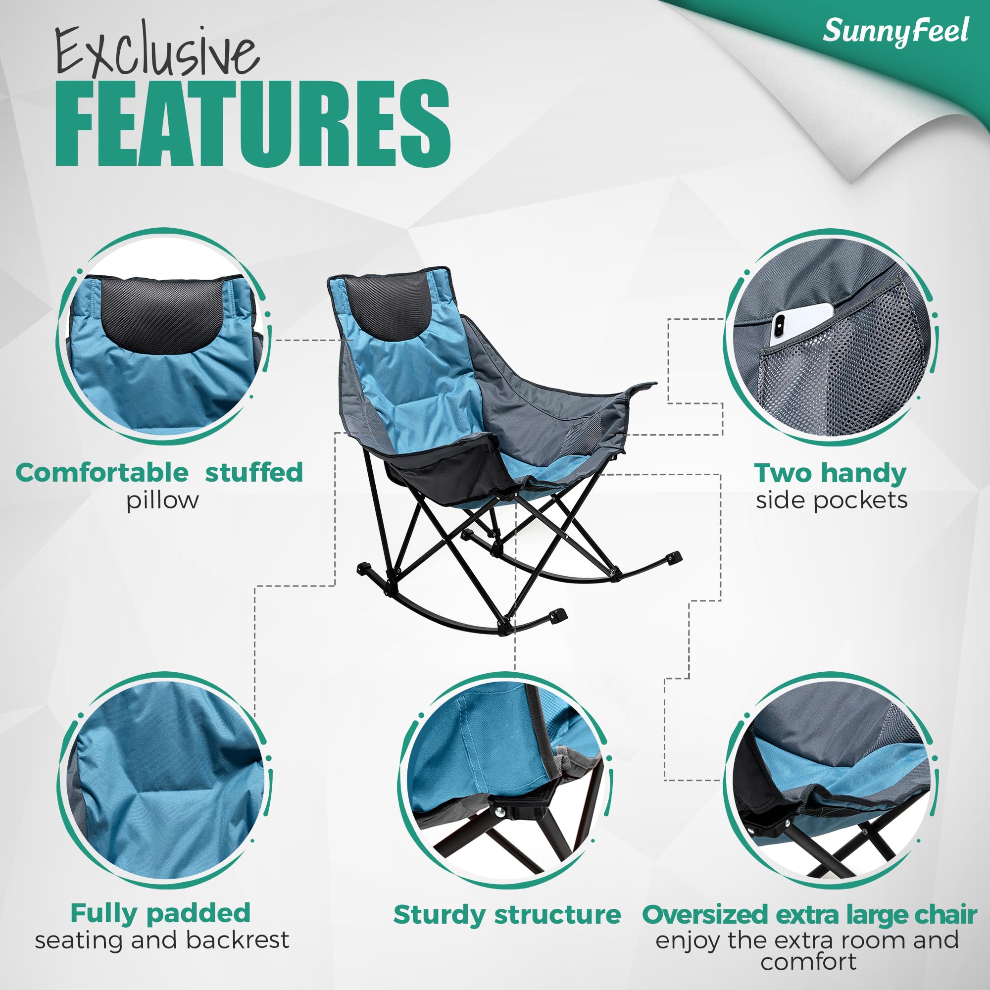 **SUNNYFEEL Premium Rocking Camping Chair - Heavy Duty Oversized Folding Recliner with Padded Seat & Storage Pocket - Portable Outdoor Lounge Chair for Camping, Picnic, Beach, Patio & Backyard Relaxation**