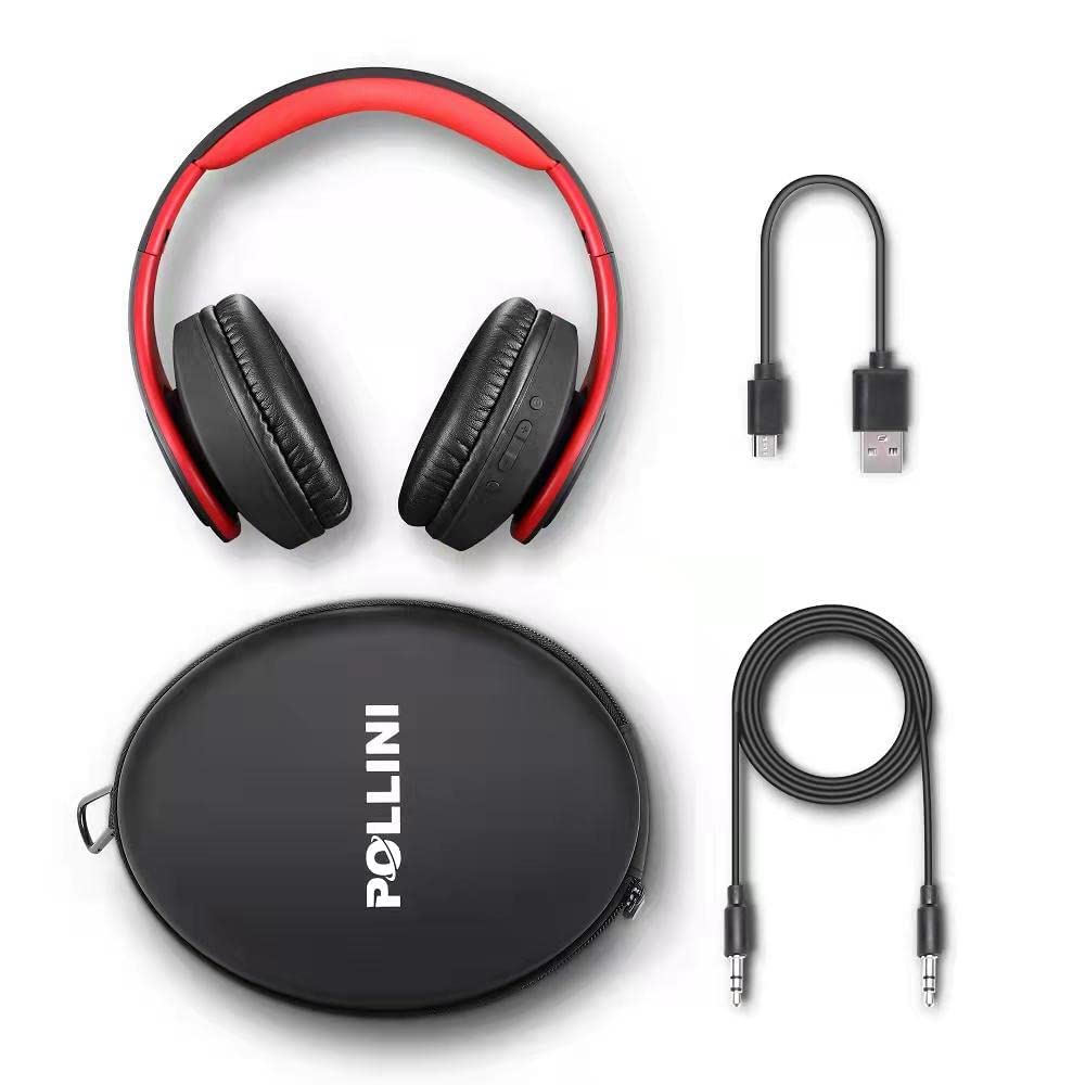 Pollini 40H Wireless Bluetooth Headphones - 40H Playtime, Foldable Over-Ear Headset with Mic, Deep Bass Stereo & Memory-Protein Earmuffs for Phone/PC (Red) | Perfect for Travel, Workouts & Home Office Use
