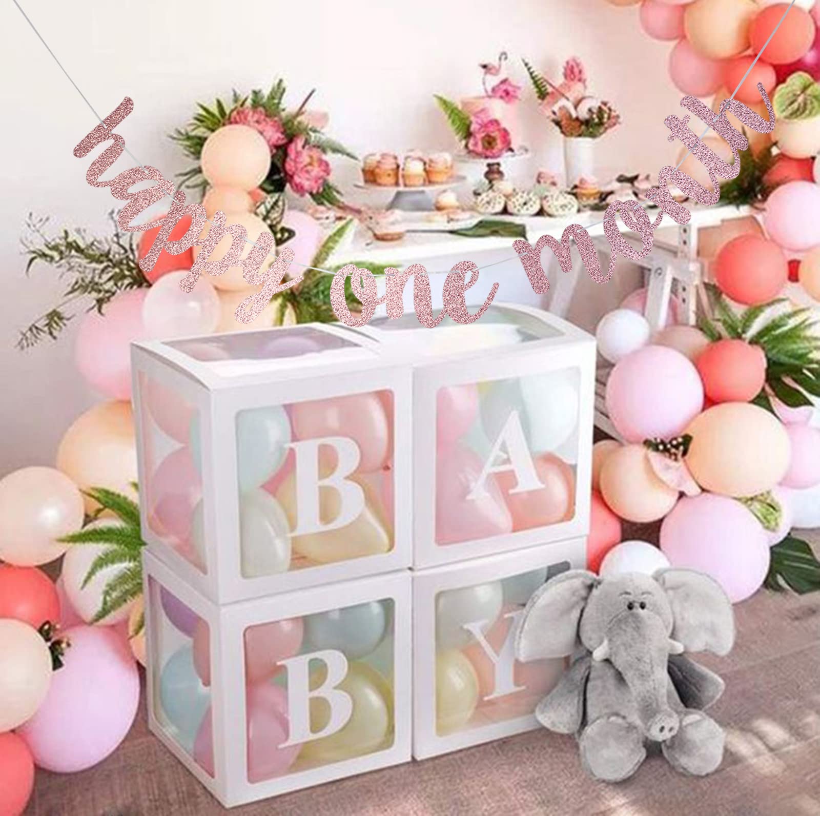 Rose Gold Glitter One Month Birthday Banner - Happy 1 Month & Half Year Celebration for Baby Boys & Girls - Baby Shower Party Decorations - Perfect for Nursery Decor, Milestone Photos & First Birthday Parties