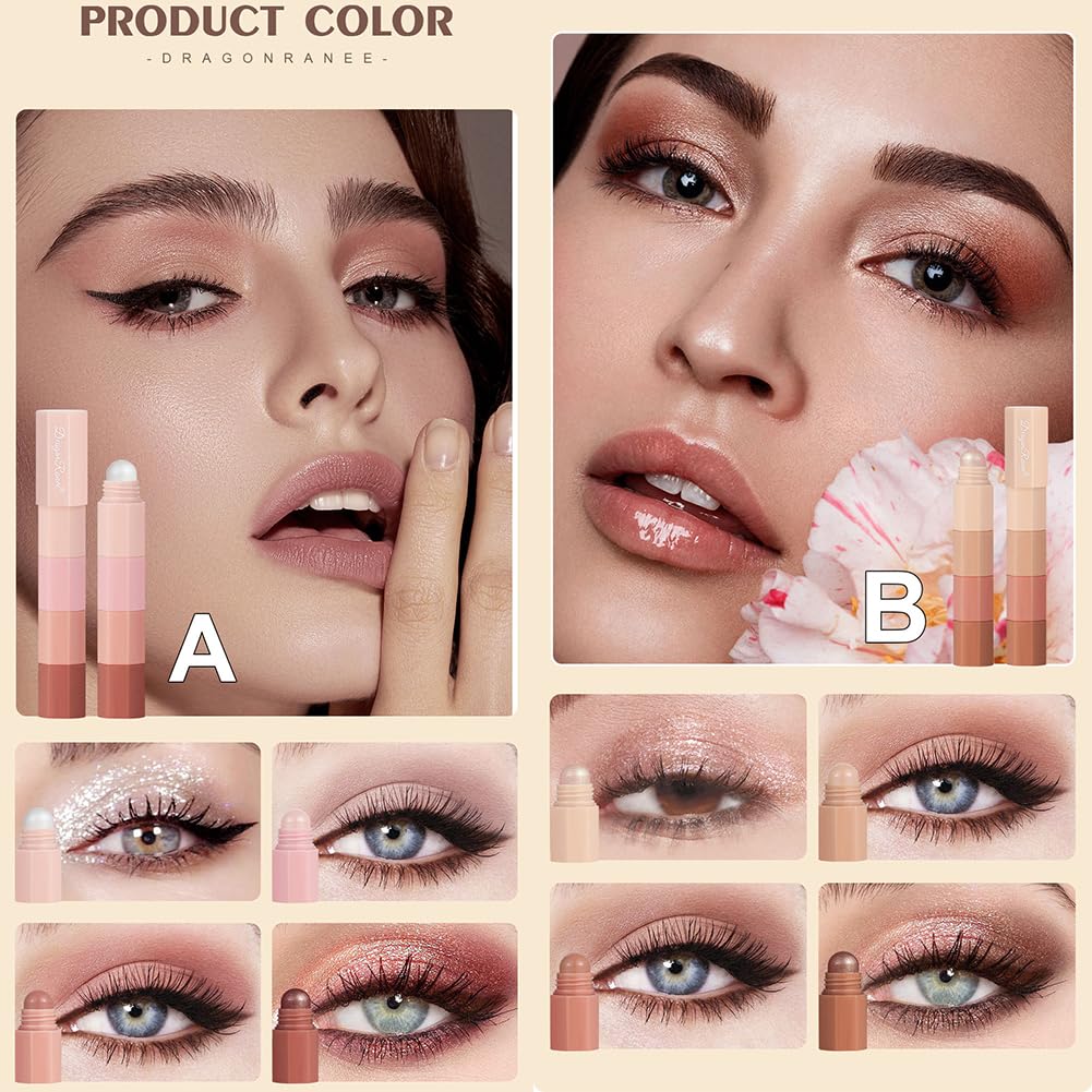 4-in-1 Waterproof Eyeshadow Pen Set - Non-Smudge High Gloss Silky Eyeshadow Stick with Pearlescent Finish | Glitter Eyeliner & Shimmer Metallic Eyeshadow for Korean Makeup Look | Perfect for Party, Wedding & Night Out (#A+#B)