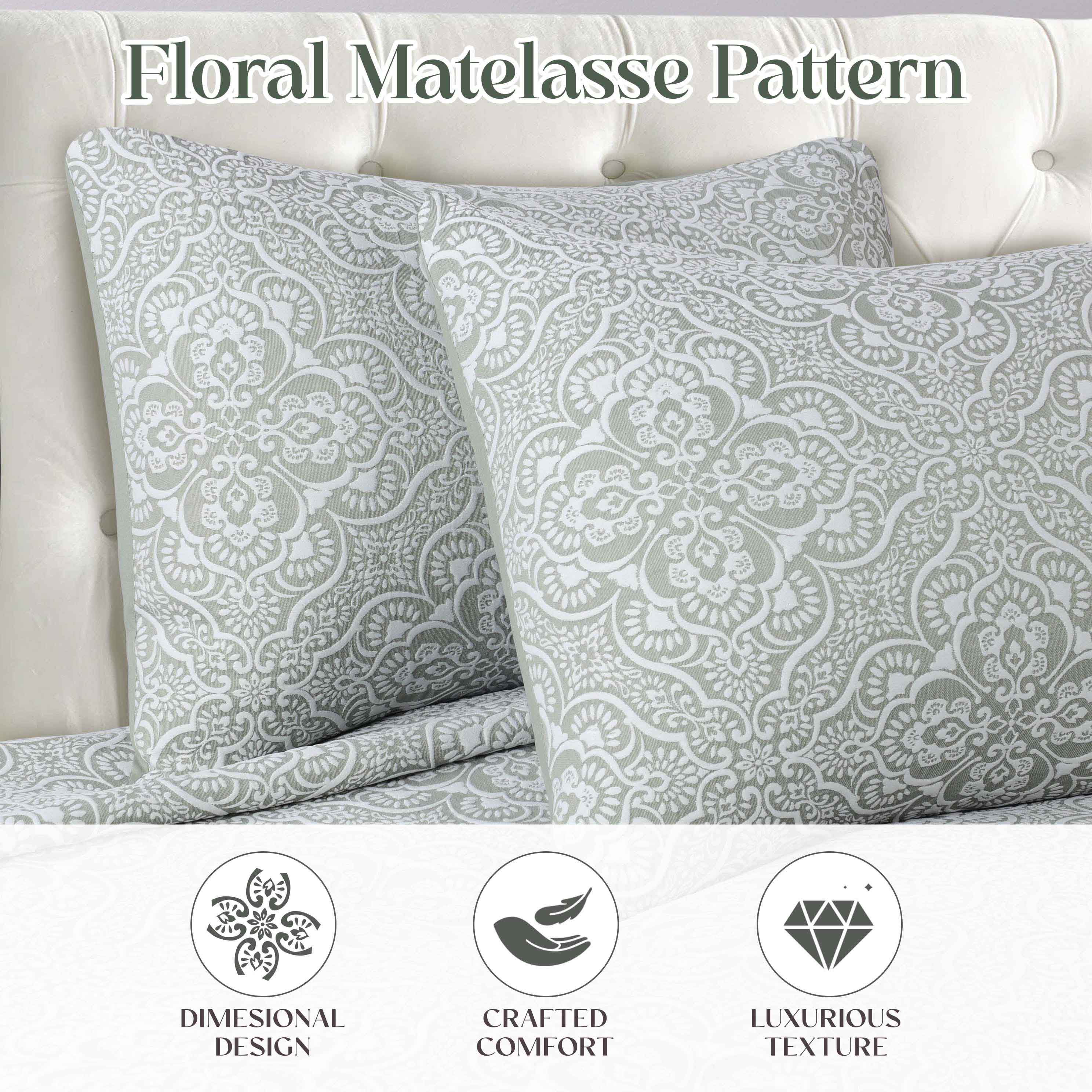 Enzy Medium Weight Floral Matelasse Bedspread & Sham Set - Queen Size Luxury Bedding for Master Bedroom Decor, Guest Room or Hotel Style Makeover