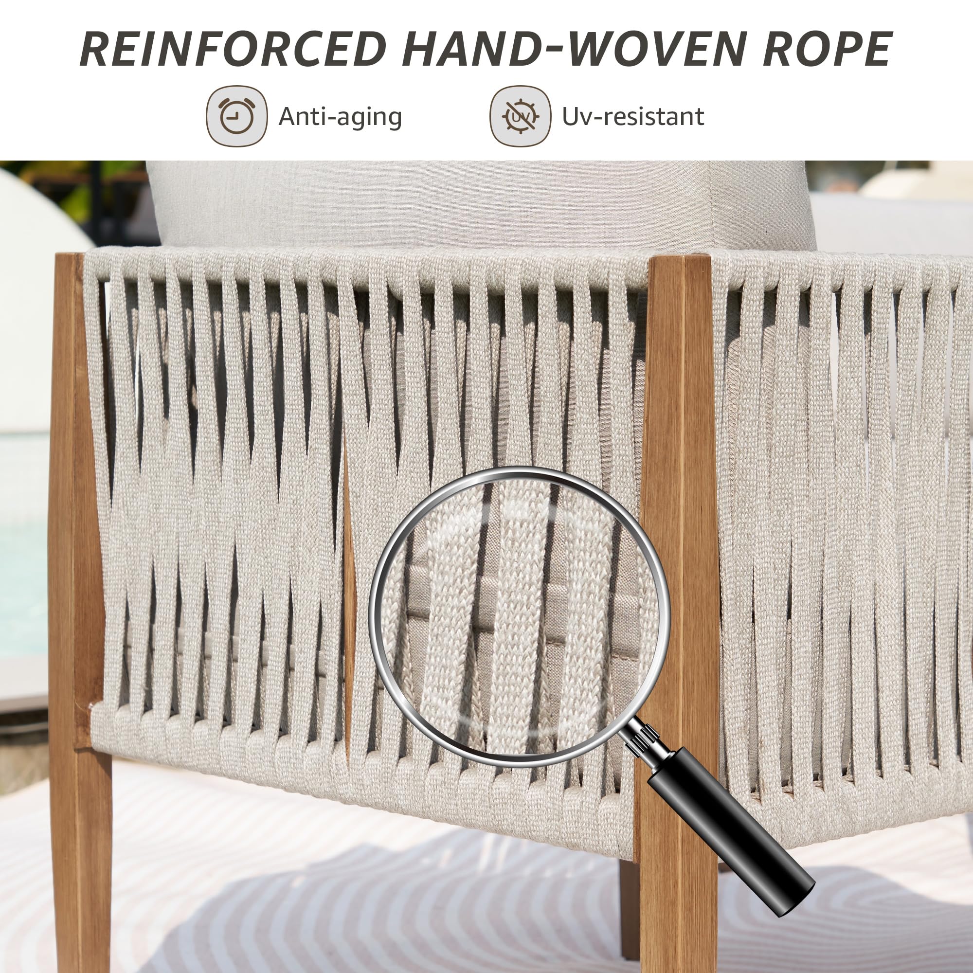 4-Piece Patio Furniture Set - Outdoor Deep Seating Conversation Group with Handwoven Rope & Wood Grain Metal Frame, Olefin Cushions - Perfect for Backyard, Garden, Poolside & Patio Relaxation