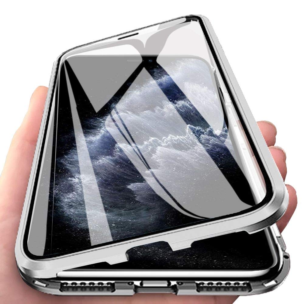 Premium 360° Full Body Transparent Tempered Glass Case with Magnetic Adsorption Metal Bumper for iPhone 11 Pro Max (Silver) - Slim Protective Cover for Everyday Use & Travel