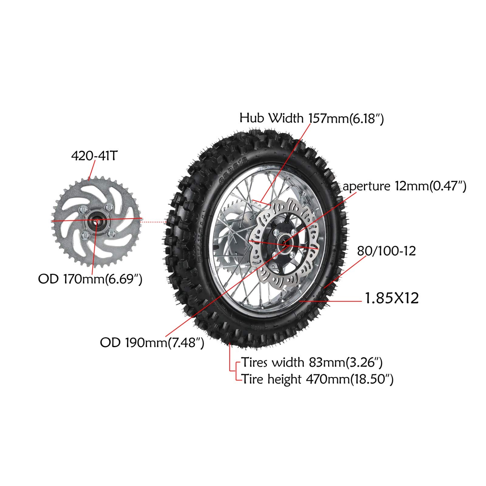 3.00-12 Dirt Pit Bike Rear Wheel Tire Rim with 12mm Bearing, Brake Disc Rotor & Sprocket - Compatible with 80/100-12 Tires | Off-Road, Motocross & Trail Riding Accessories