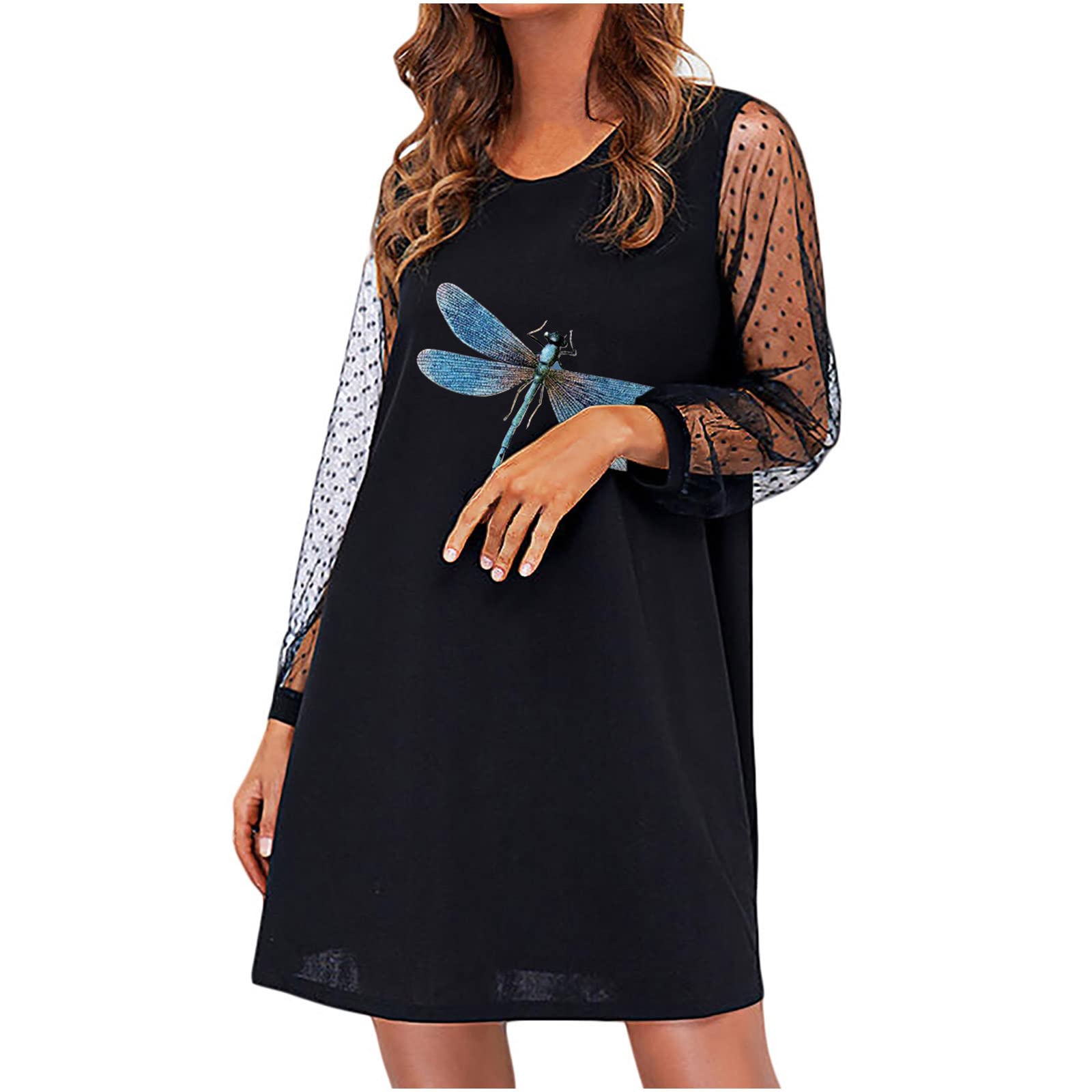 Women's Summer Tunic Dress - Mesh Long Sleeve T-Shirt Dress with Round Neck, Casual Loose Fit Cute Graphic Print - Comfortable Beachwear for Vacation, Outdoor Activities & Daily Wear