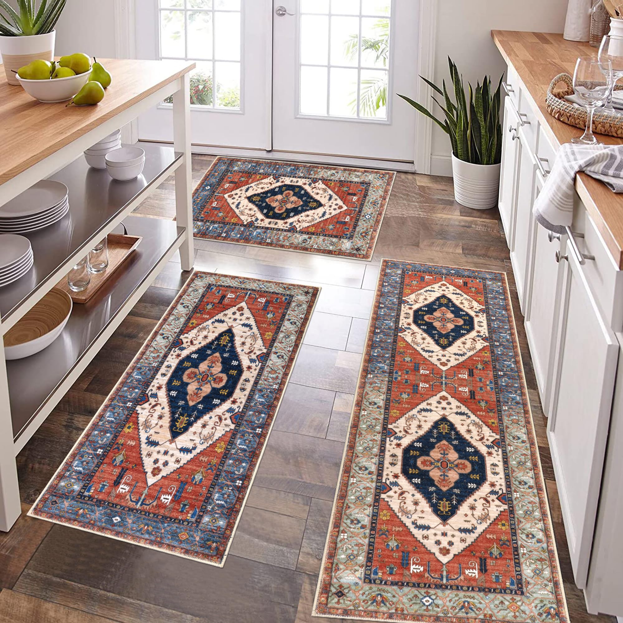 Pauwer Non-Slip Washable Kitchen Rugs Set of 3 - Farmhouse Boho Style Floor Mats for Kitchen, Sink, Hallway & Laundry Room | Rust Color | Perfect for High-Traffic Areas & Spill-Prone Spaces