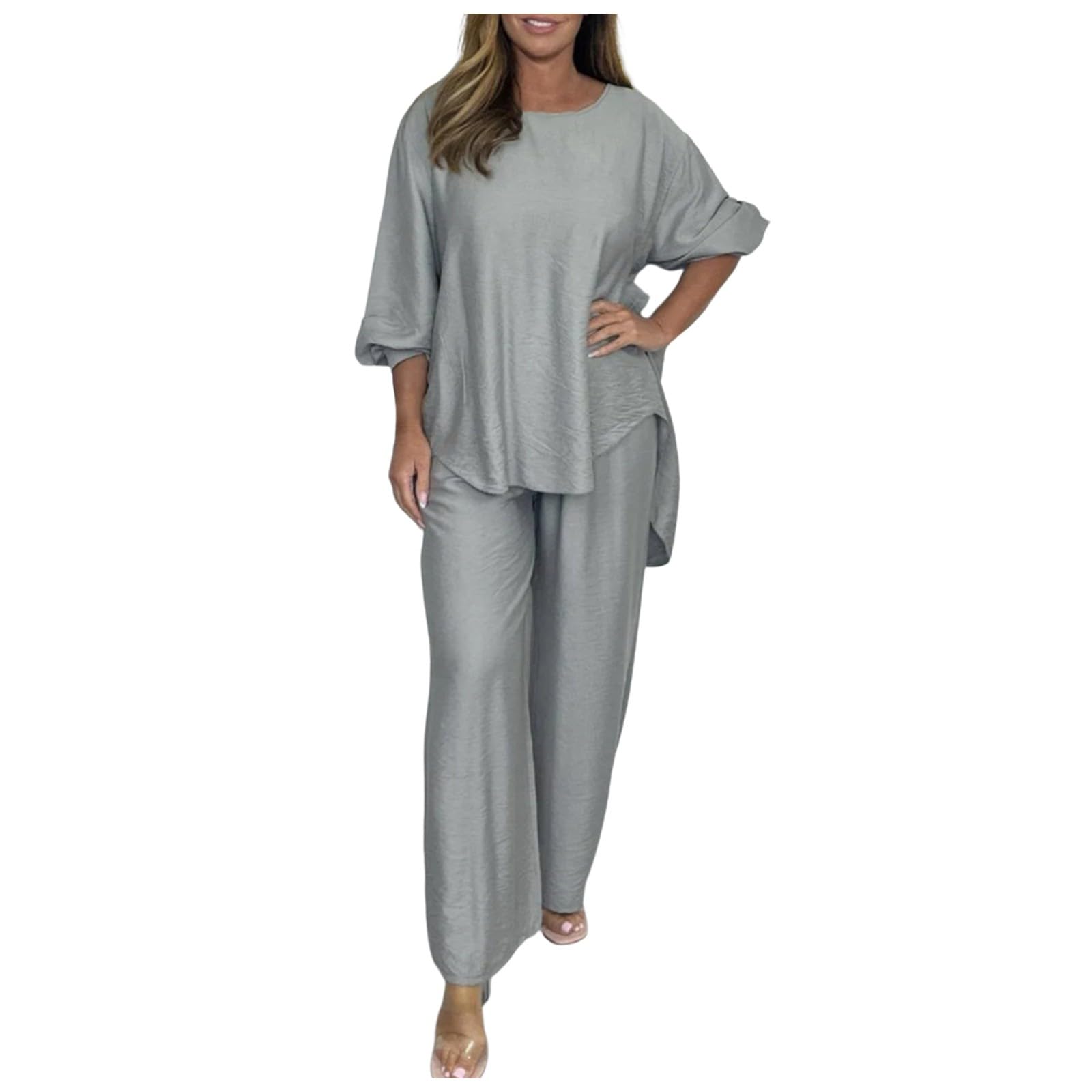 Women's Summer 2-Piece Outfit Set - Solid Color Crew Neck Long Sleeve Top & Flowy Wide Leg Lounge Pants | Comfortable Tracksuit for Casual Wear, Yoga, Home Relaxation & Vacation Outfits