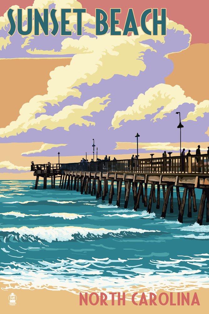 Lantern Press Calabash North Carolina Sunset Beach Pier Scene - 16x24 Wrapped Canvas Wall Art for Living Room, Bedroom & Office Decor | Coastal Landscape Painting