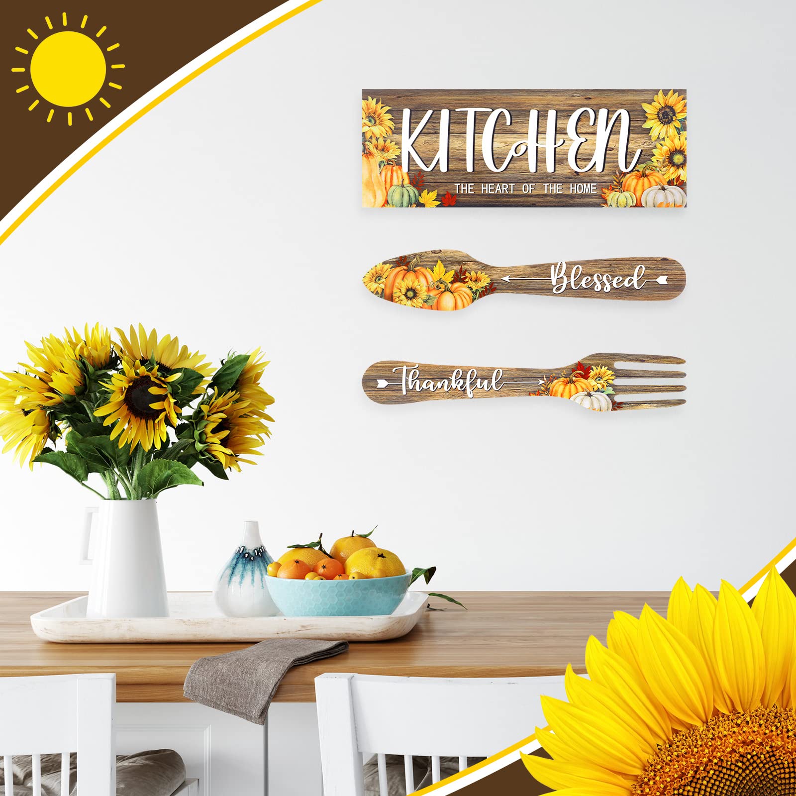3-Piece Rustic Farmhouse Kitchen Wall Decor Set - Wooden Thankful Grateful Blessed Signs with Maple Pumpkin & Sunflower Design - Fork and Spoon Hanging Art for Home - Light Brown Farmhouse Decor (Perfect for Thanksgiving, Fall Season & Farmhouse Style Kitchens)