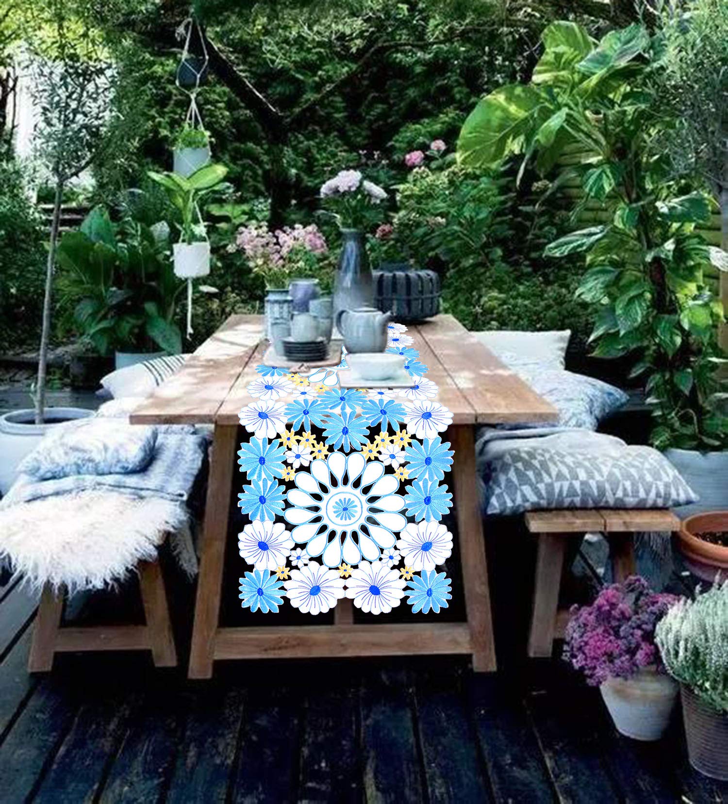 Simhomsen Embroidered Floral Table Runner - Elegant Spring Table Decor & Dresser Scarf (Blue, 14×69 Inch) for Dining Room, Wedding & Home Decor