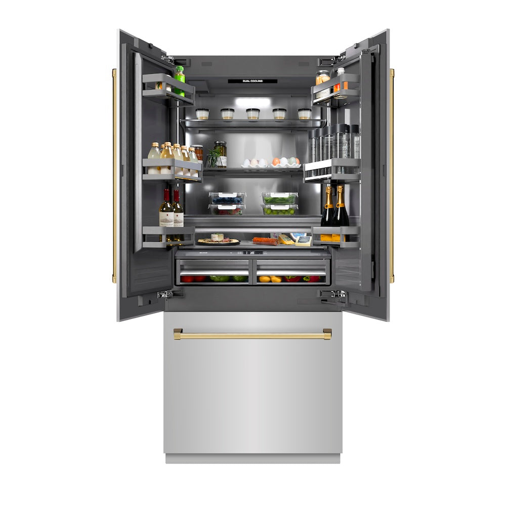 ZLINE Autograph Edition 36 Inch French Door Built-In Bottom Freezer Refrigerator - 19.6 cu ft Capacity, Stainless Steel with Graphite Gray Interior & Gold Accents - Water Dispenser & Ice Maker - Perfect for Modern Kitchens & Open Concept Homes (GRBIVZ 304 36G)
