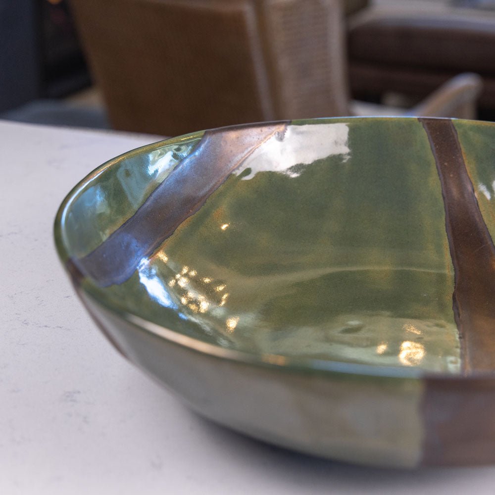XXL Stoneware Decorative Serving Abstract Bowl - Handcrafted Ceramic Centerpiece for Dining Table, Kitchen Decor in Greens & Metallic Finish | Perfect for Fruit Display, Salad Serving, and Modern Home Decor