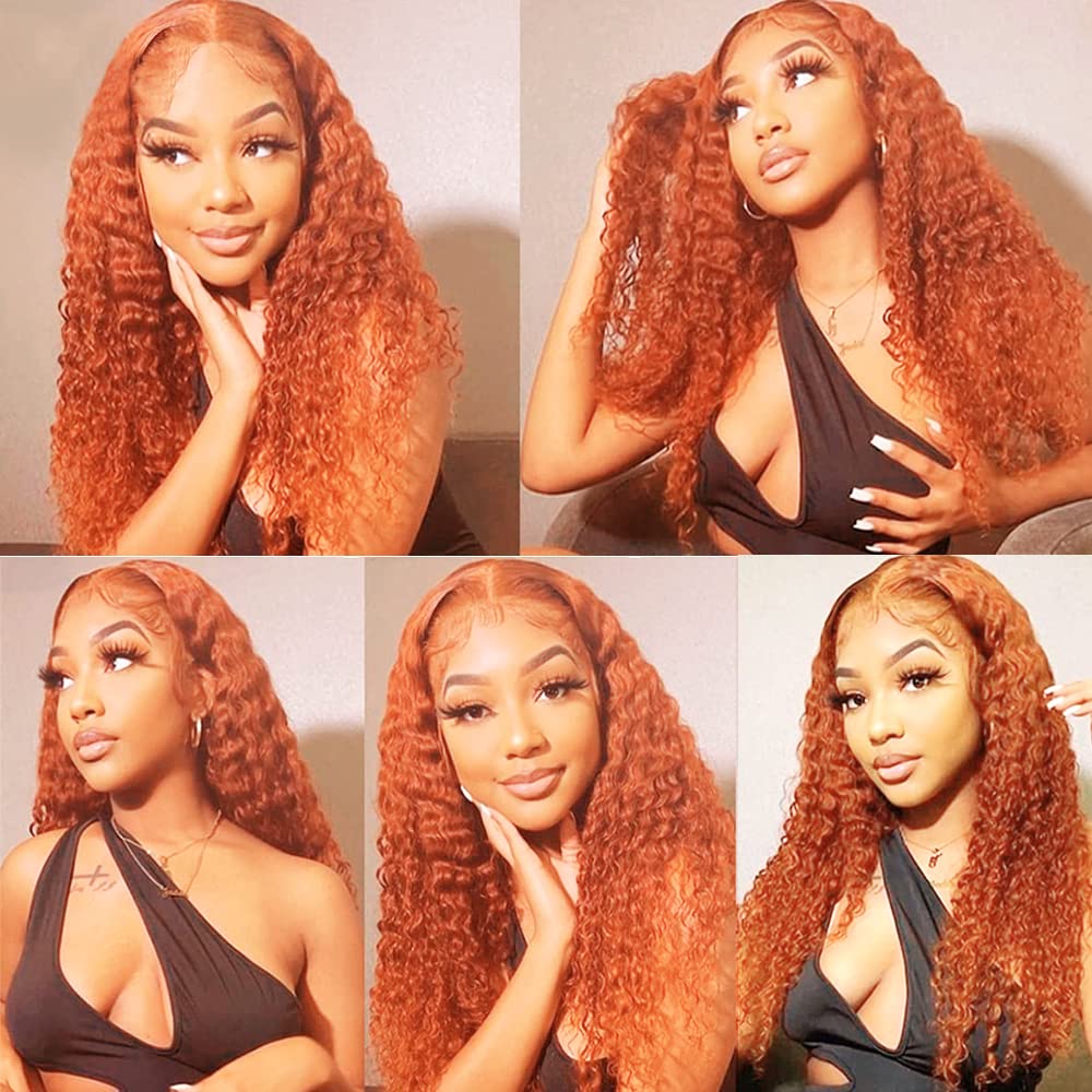 20 Inch Deep Wave Human Hair Wigs Ginger - 4 Inch Deep Parting Lace Front Wig with Pre Plucked Hairline & Baby Hair - 150% Density Bleached Knots Colored Curly Real Human Hair Lace Wig for Women - Perfect for Daily Wear, Cosplay, Parties & Special Occasions