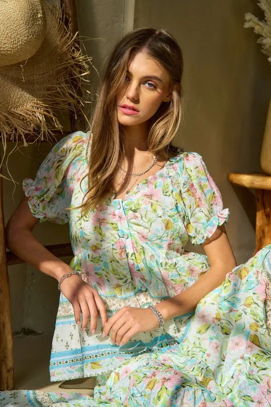 Floral Border Print Ruffled Textured Blouse - Women's Spring Fashion Top for Casual Outings & Date Nights