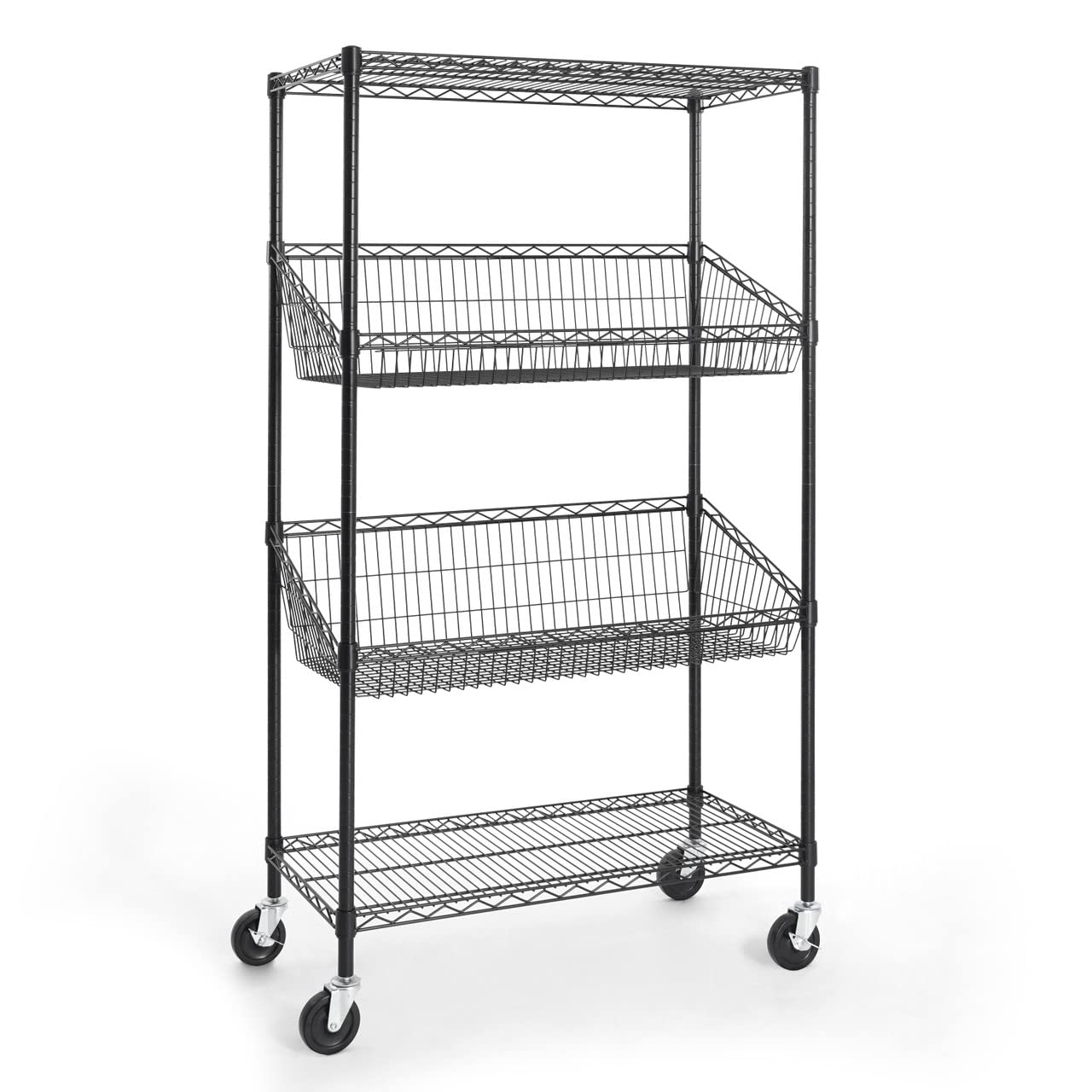 CAPHAUS NSF Certified Commercial Heavy Duty 4-Tier Wire Shelving with 2 Trapezoid Baskets, Wheels & Leveling Feet - Black Metal Storage Shelf for Garage, Basement, Warehouse & Utility Room Organization