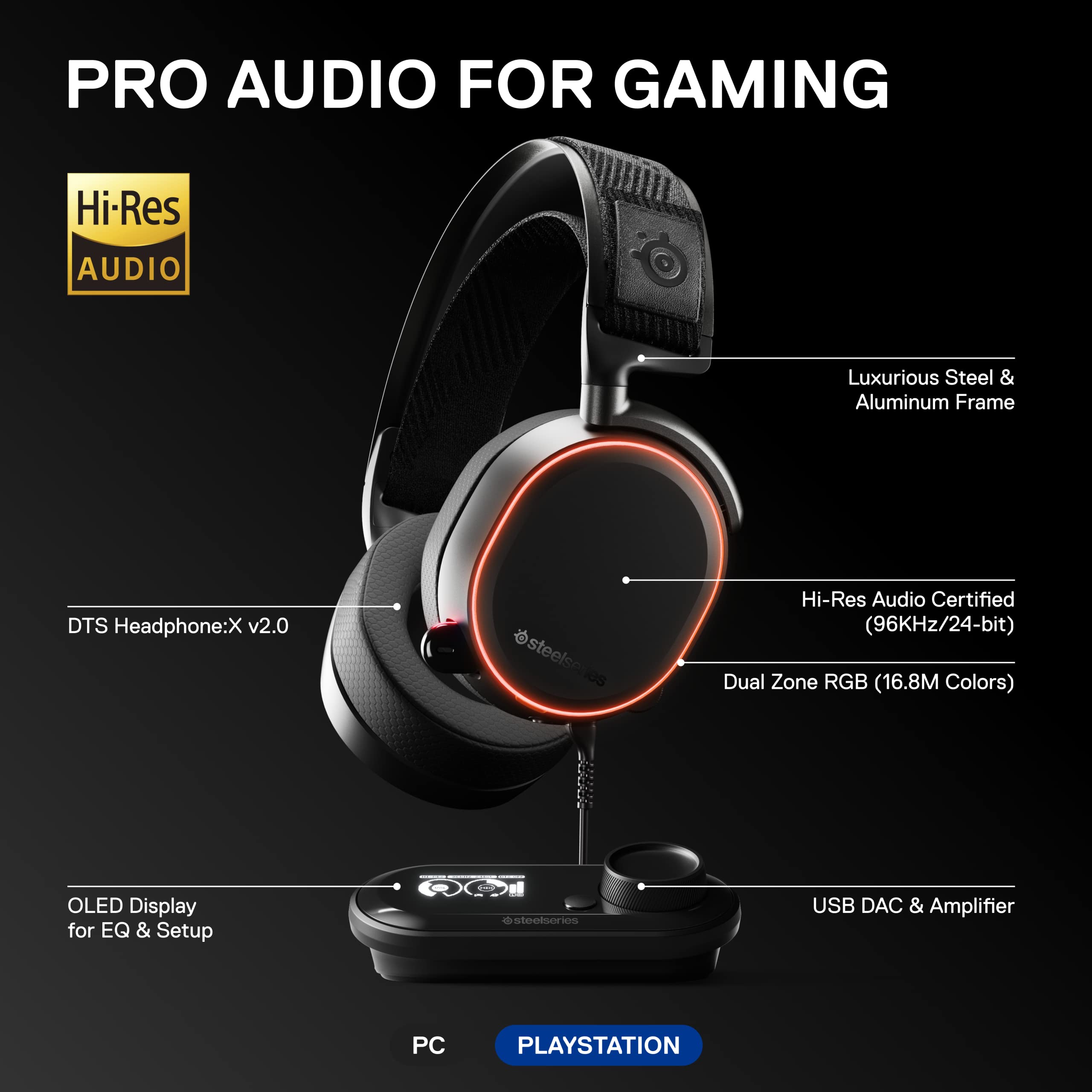 SteelSeries Arctis Pro + GameDAC Wired Gaming Headset with Hi-Res Audio - Dedicated DAC & Amp for PS5, PS4, PC - Black - Perfect for Competitive Gaming & Immersive Audio Experience