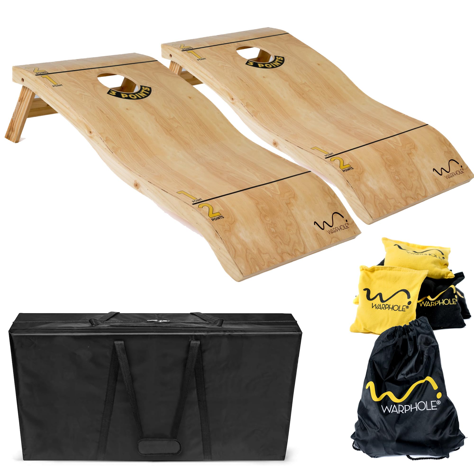 Premium Solid Wood Warphole® Curved Cornhole Set - 4'x2' Cornhole Toss Boards with 8 Waterproof Bean Bags & Carrying Case - Perfect for Backyard Parties, Tailgating, and Outdoor Family Games