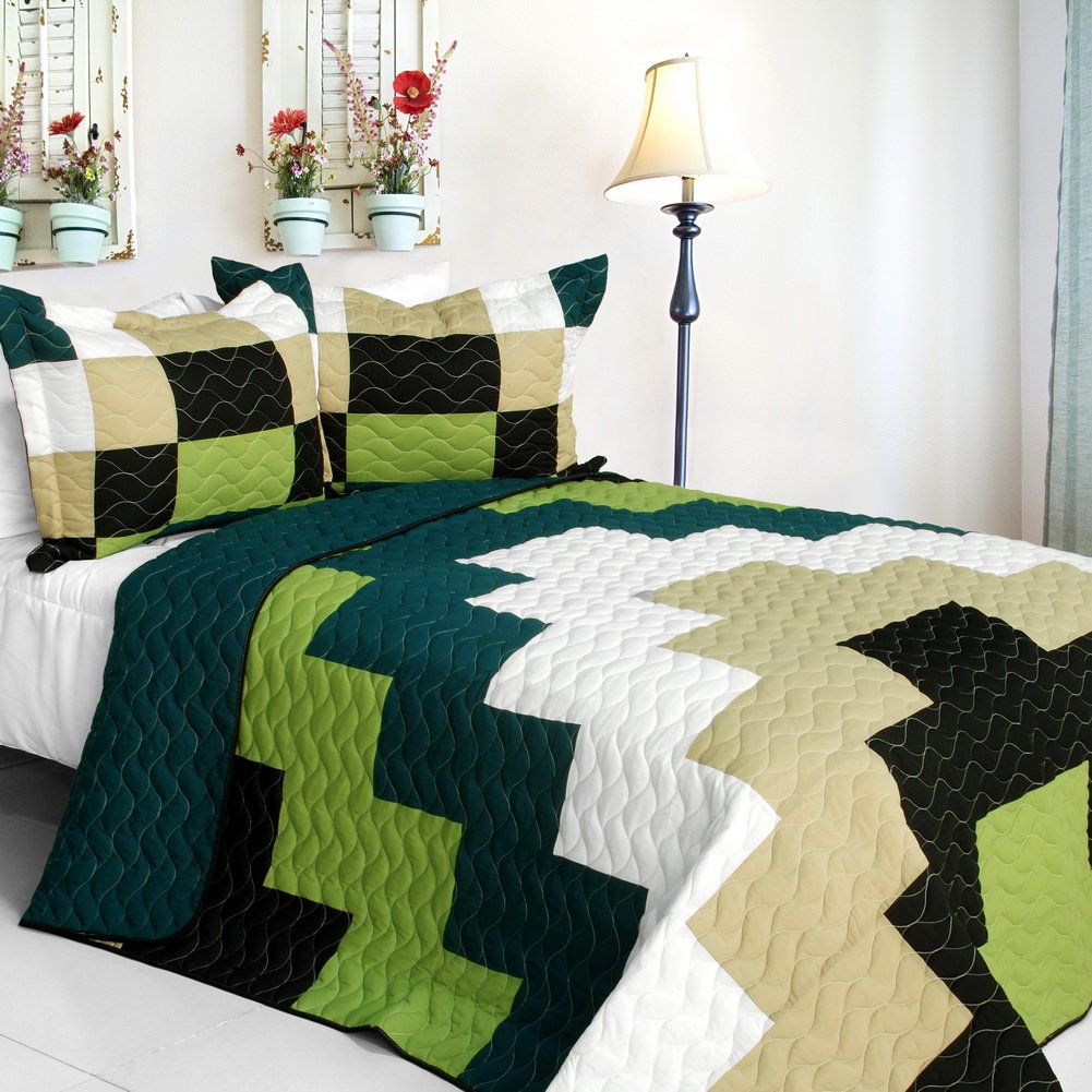 Rising Girl Geometric Patchwork Quilt Set - Vermicelli Quilted Bedding for Full/Queen Size - Perfect for Boho Chic & Farmhouse Bedroom Decor