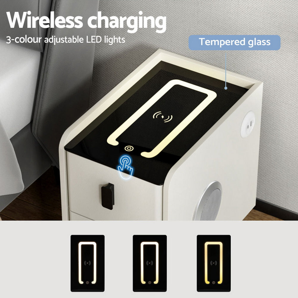 Compact Smart Bedside Table with Wireless Charging, LED Lights & Bluetooth Speaker - Modern Nightstand for Bedroom, Office, or Dorm - Perfect for Charging Devices, Reading & Relaxing (White)