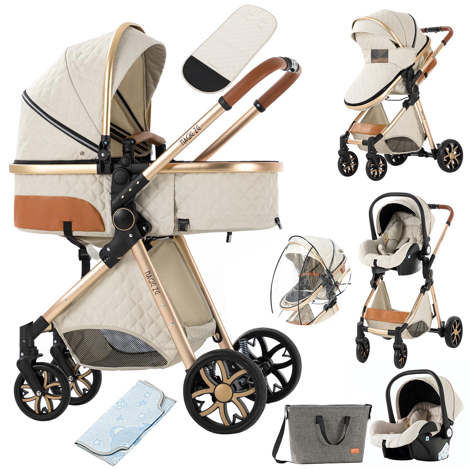 3 in 1 Reversible Baby Stroller Travel System - Foldable Luxury Pram Buggy for Newborn & Toddler, Portable Pushchair with High Landscape View (White, Without Base) | Perfect for Shopping, Travel & Outdoor Walks