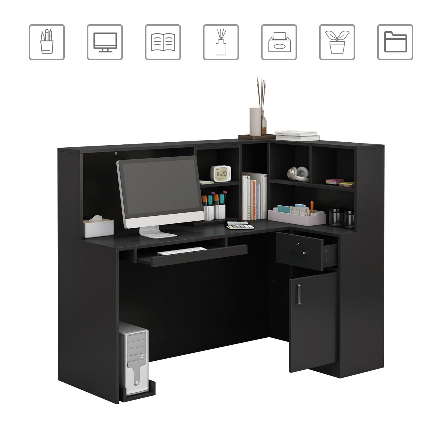 MOUMON L-Shaped Reception Desk with Storage, Keyboard Tray & Shelves - 55.9