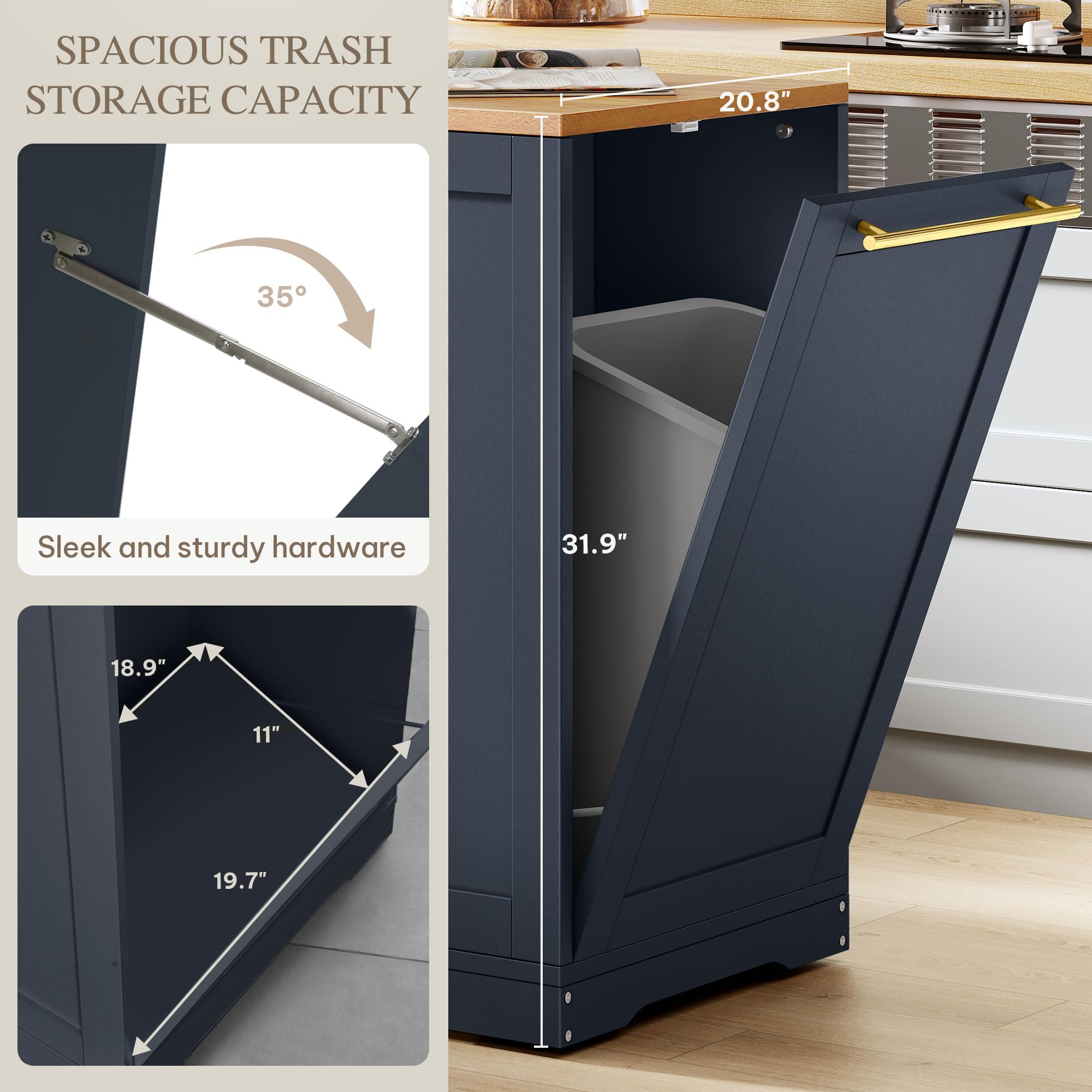 DWVO 53-Inch Large Kitchen Island with Storage & Seating - Rolling Portable Kitchen Cart with Trash Can Cabinet for 13 Gallon Garbage Bin, Navy Blue - Perfect for Small Kitchens, Dining Areas & Home Organization