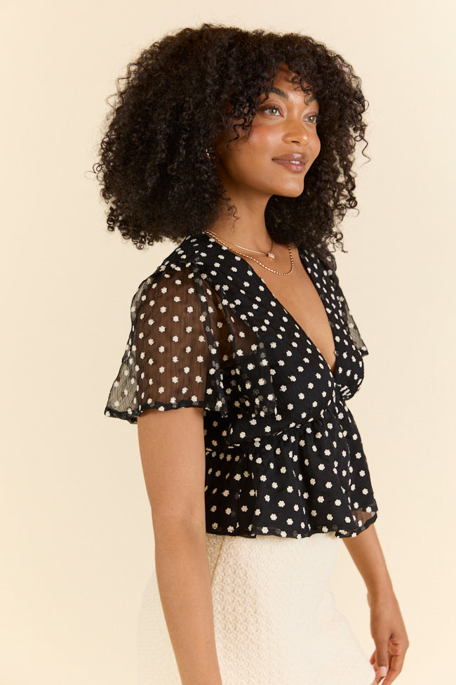 Dotted Blossoms Black Floral Embroidered Blouse Women's Fashion Top - Perfect for Office Wear, Date Night & Spring Outfits