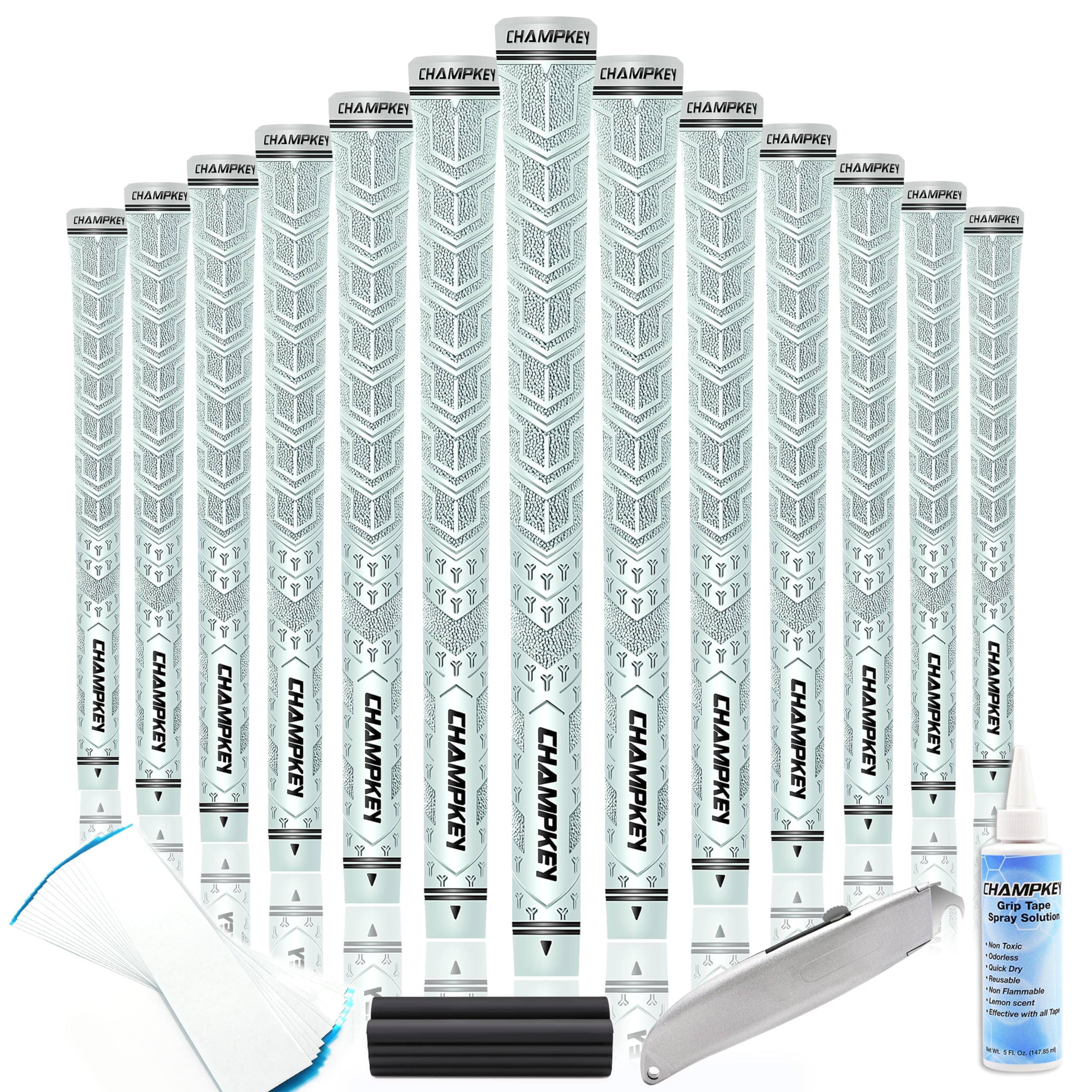 CHAMPKEY Y-PRO Performance Rubber Golf Grips 13 Pack with All Weather Control & Repair Kits - Superior Traction for Better Swing Control - Ideal for Golf Practice, Tournaments & Club Maintenance