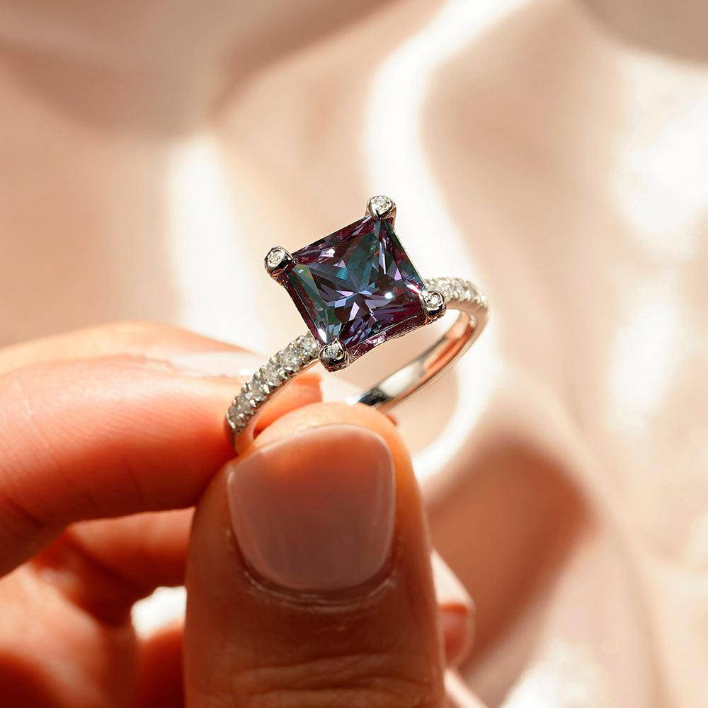 3 CT. Princess Cut Alexandrite Engagement Ring With Moissanite Accents - Perfect for Proposals, Anniversaries & Special Occasions