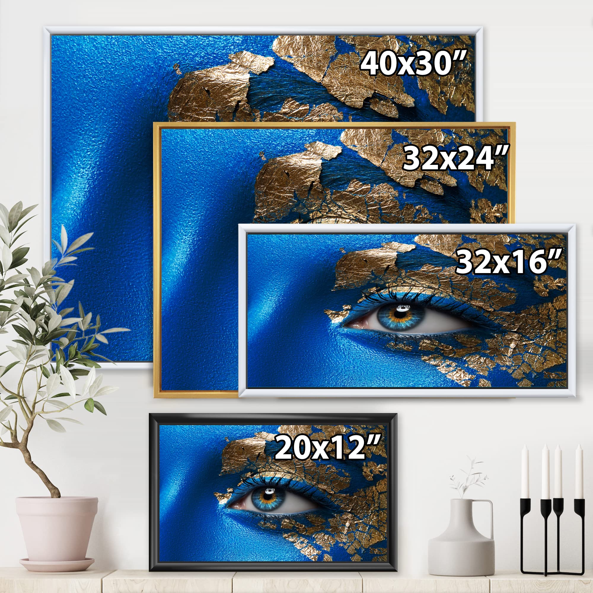 DesignQ Blue Makeup Young Girl Portrait - Modern Framed Canvas Wall Art Print for Living Room, Bedroom & Office Decor