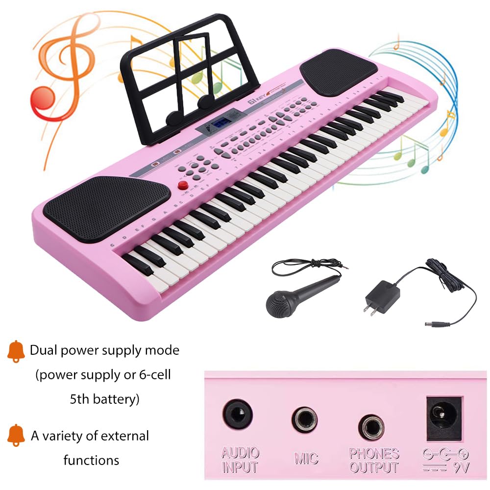 iMeshbean 61-Key Electronic Keyboard Piano - Portable Digital Piano with Built-in Speakers, Stand Included - Perfect for Beginners, Kids & Home Music Practice (Pink)