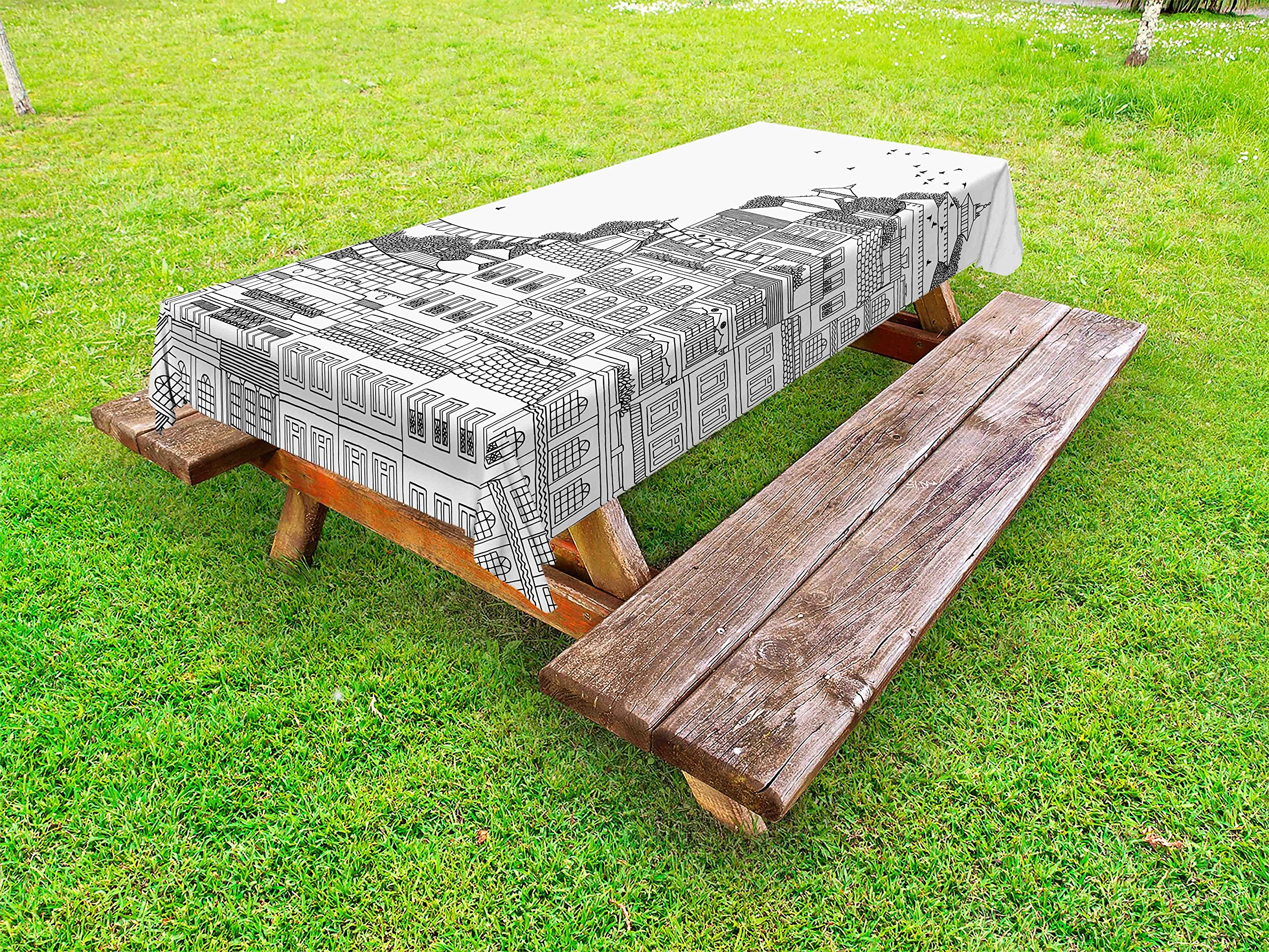 Ambesonne Nepal Outdoor Tablecloth - Hand Drawn Monochrome Kathmandu Urban Scene, Washable Picnic Table Cover 58