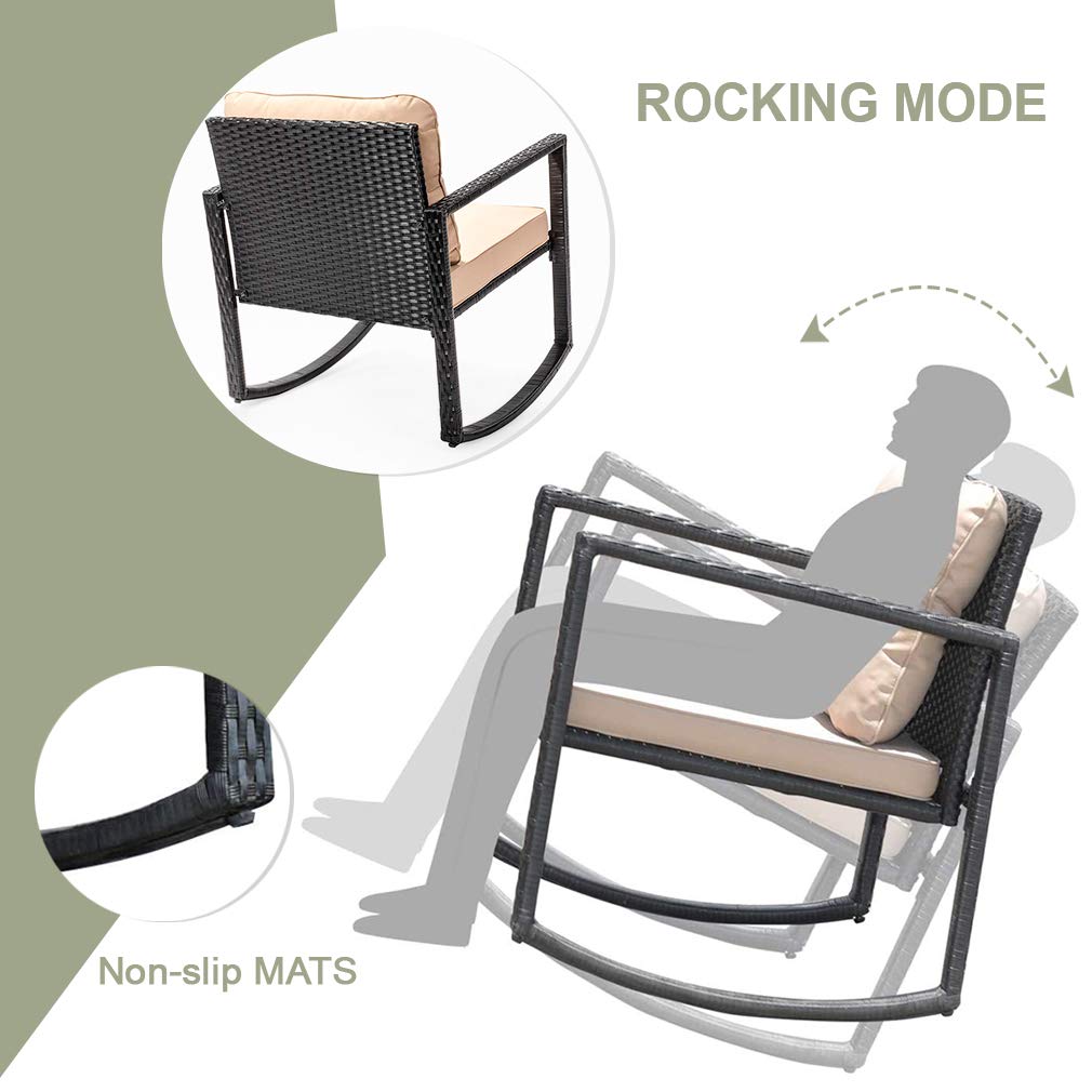 Vnewone 3-Piece Outdoor Patio Furniture Set - Black Wicker Rocking Chairs with Coffee Table, Rattan Bistro Set for Garden, Yard, and Outdoor Conversation Areas - Perfect for Relaxing, Entertaining, and Enjoying Your Backyard Space