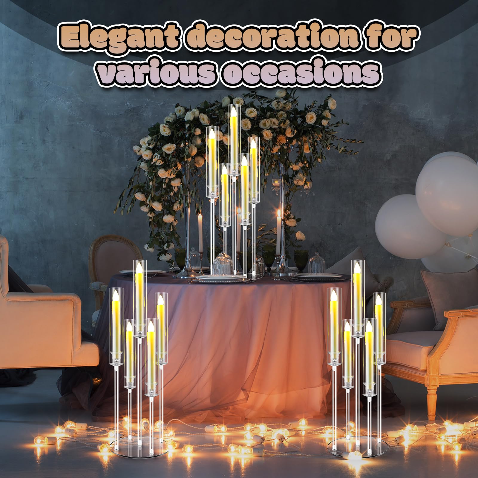 5-Arm Acrylic Clear Candelabra Centerpiece Set with LED Candles & Shades - Elegant Table Decor for Weddings, Parties, Fireplace & Dining Room (4 Sets) - Perfect for Romantic Dinners, Holiday Decorations and Special Events