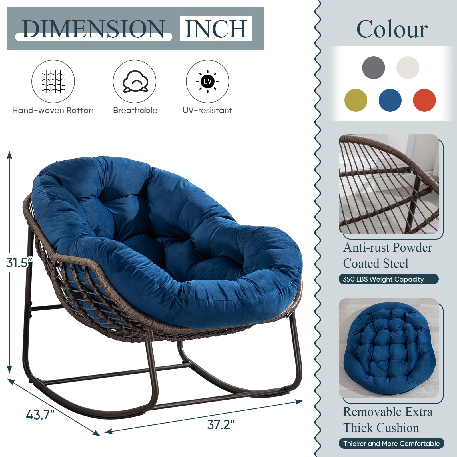 Outdoor Rocking Chair - Oversized Rattan Egg Rocking Chair with Padded Cushion for Patio, Garden, Porch, Balcony & Backyard - Modern Lounge Recliner Chair in Navy Blue - Perfect for Relaxing, Reading & Sunbathing